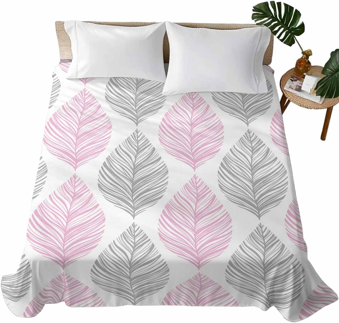 Full Flat Sheet Only Bed Sheets Pink and Grey Botanical Leaves Microfiber Breathable Bedding Flat Sheet, Abstract Geometric Lines Art Soft Top Sheets for Bedroom Living Room Sofa