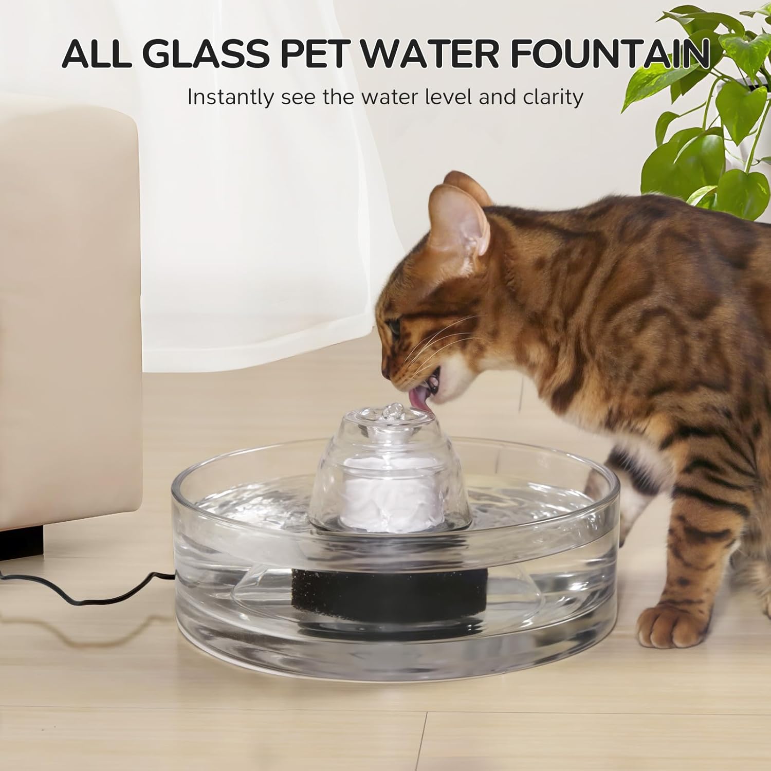 2.7L Glass Pet Fountain –Transparent Glass Cat Water Fountain & Little Dog Drinking Bowl– Automatic Cat Water Dispenser