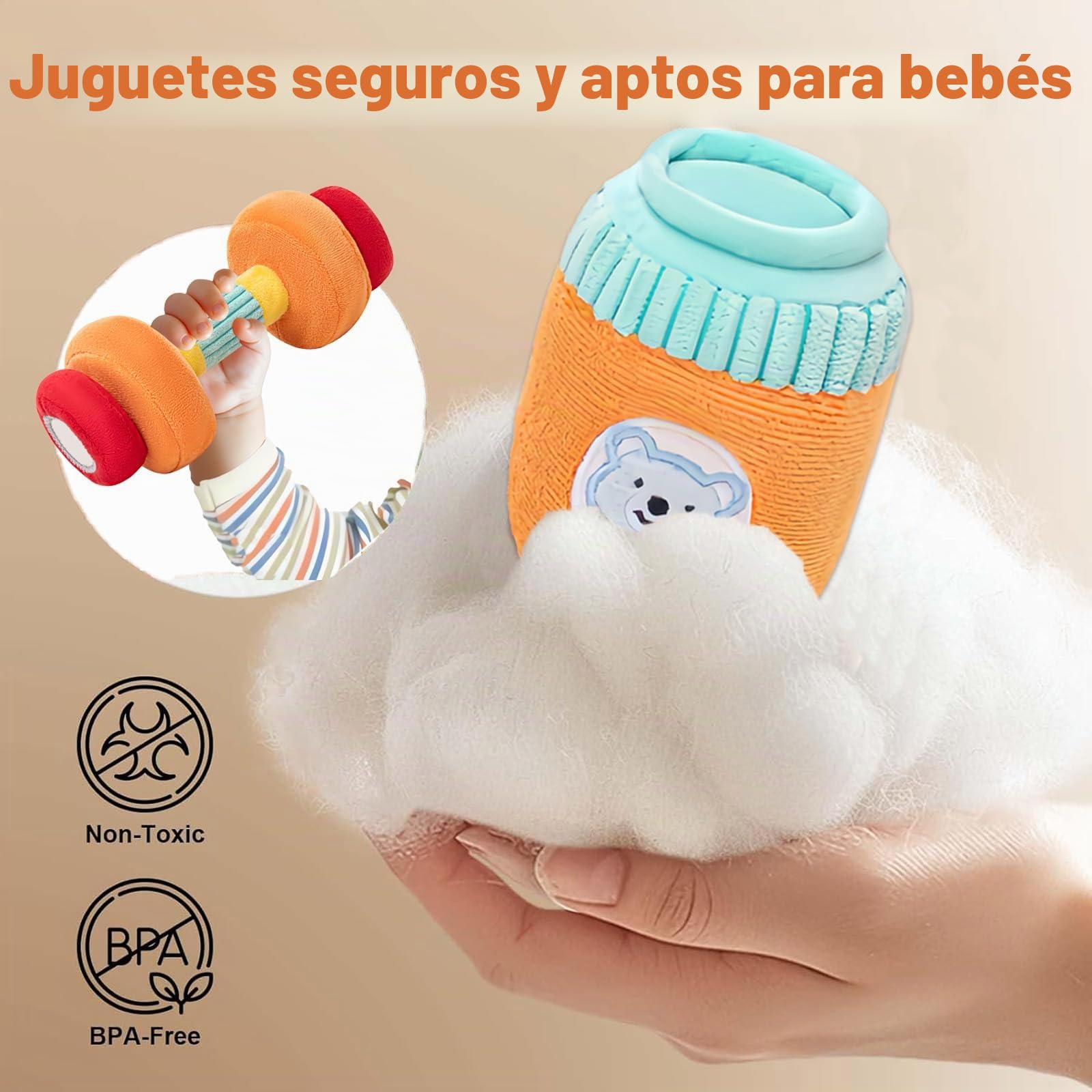 Juego de Juguetes de Fitness para Bebés de 6 Piezas, Juguetes Bebes 0-3 Meses - Juguetes Sensoriales con Mancuernas/Bolsos/Sacos de Arena/Hervidor de Agua, Montessori Bebe 0 a 6 Meses