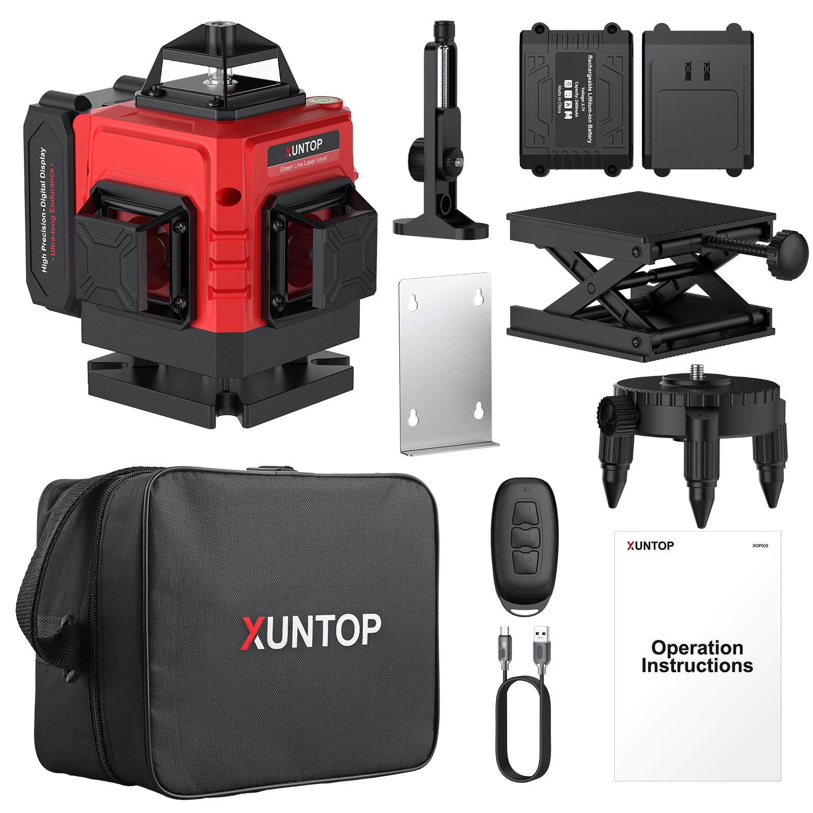 XUNTOP Niveau Laser Vert 16 Lignes Auto-nivelant - Rechargeable USB Type-C, Télécommande 5m, Précision ±1mm/5m - Avec Support Magnétique, Accessoires Complets, IP54 pour Chantier Bricolage Carrelage