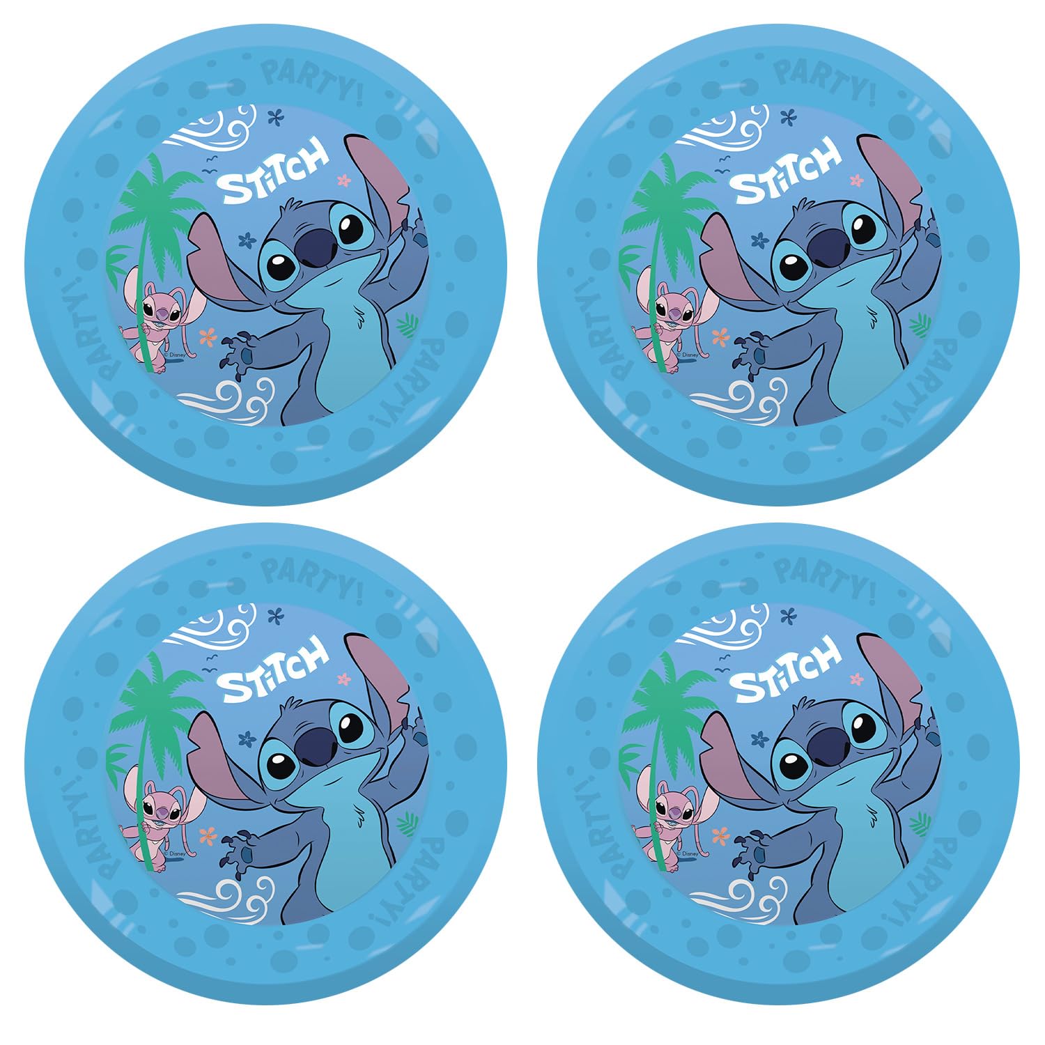 Procos - Stitch and Angel Plastic Plates - Pack of 4 Reusable Party Tableware for Birthday or Theme Party - Multicoloured, Blue