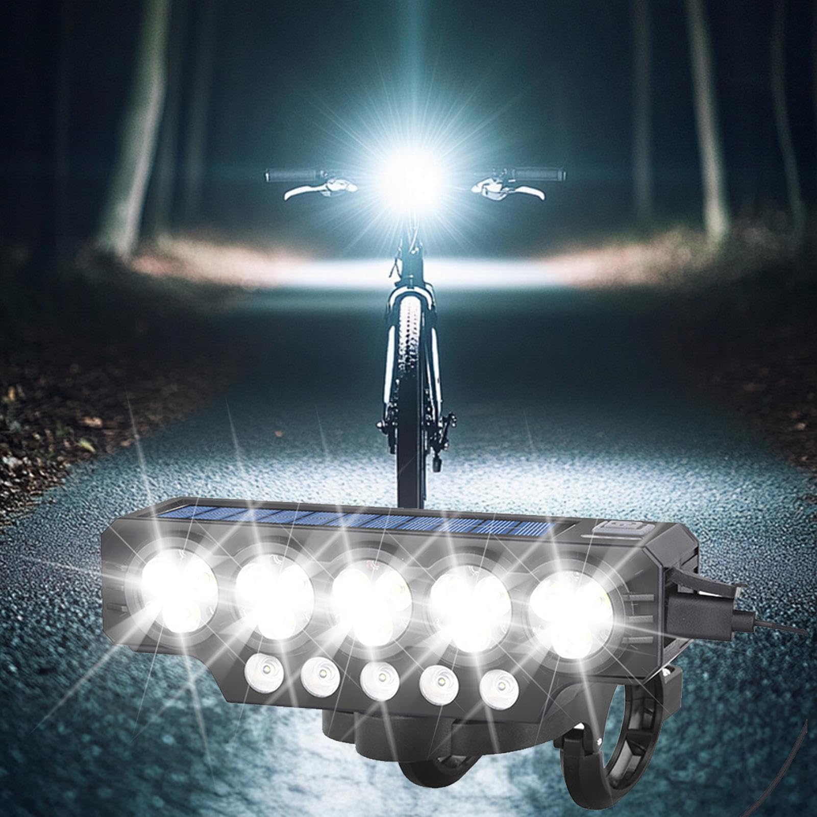 Luce per biciclette ricaricabile - Luci da bici anteriore solare per la guida notturna | 1,5 ore Carica rapida potente LED super luminoso con corno, porta USB, luci ciclistiche IP65 impermeabili per l