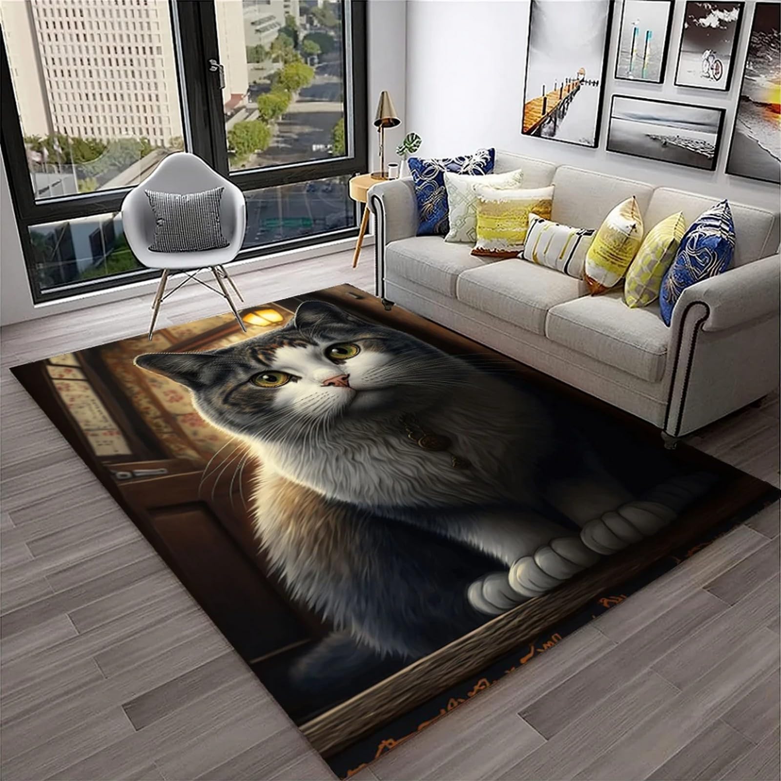 Tapis moderne chat 3D lavable et moelleux pour salon et chambre enfant