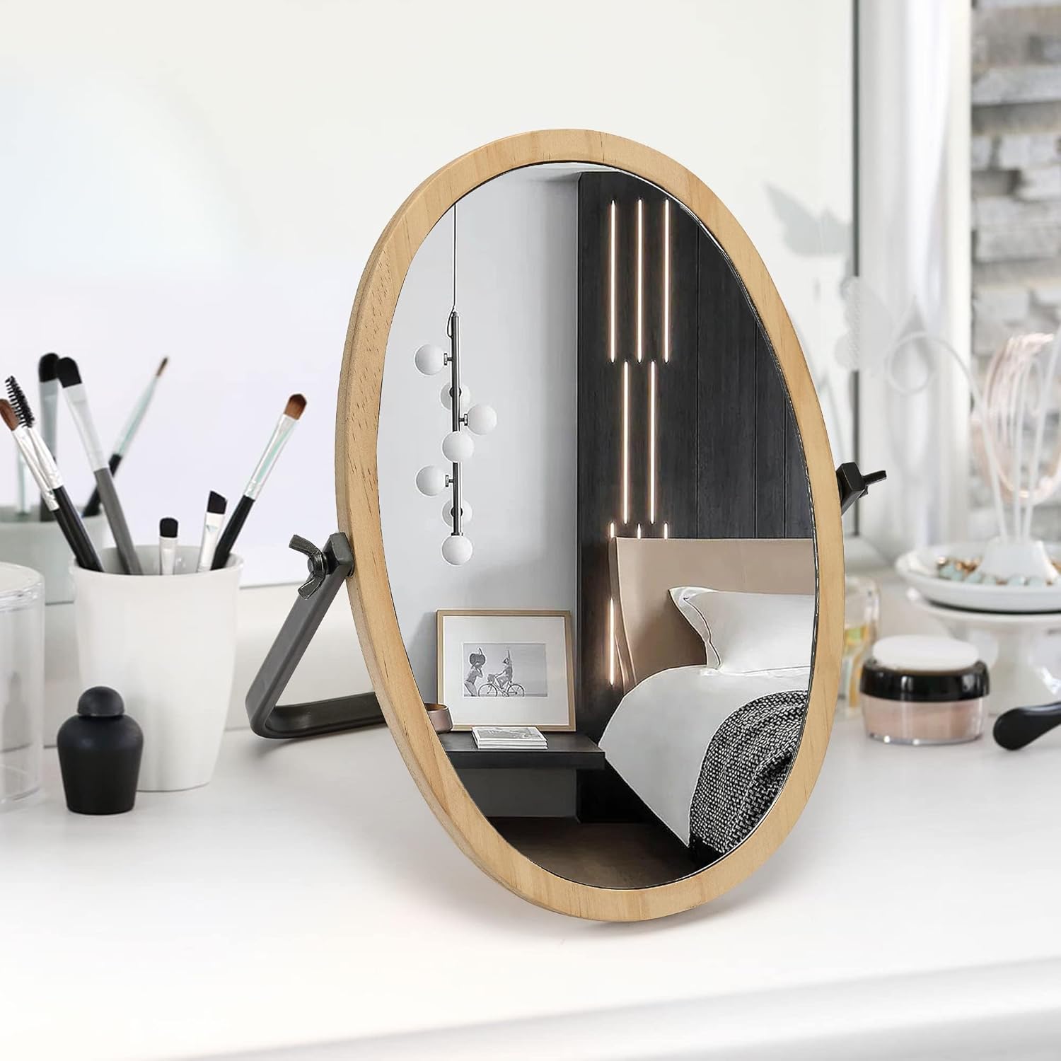 Vanity Makeup Table Mirror - Desk Mirrors 360 Adjustable Rotation,Wood Framed Small Standing Mirror for Bedroom,Tabletop,Office,Antique,Dresser,Countertop 11.8'' x 7.8''