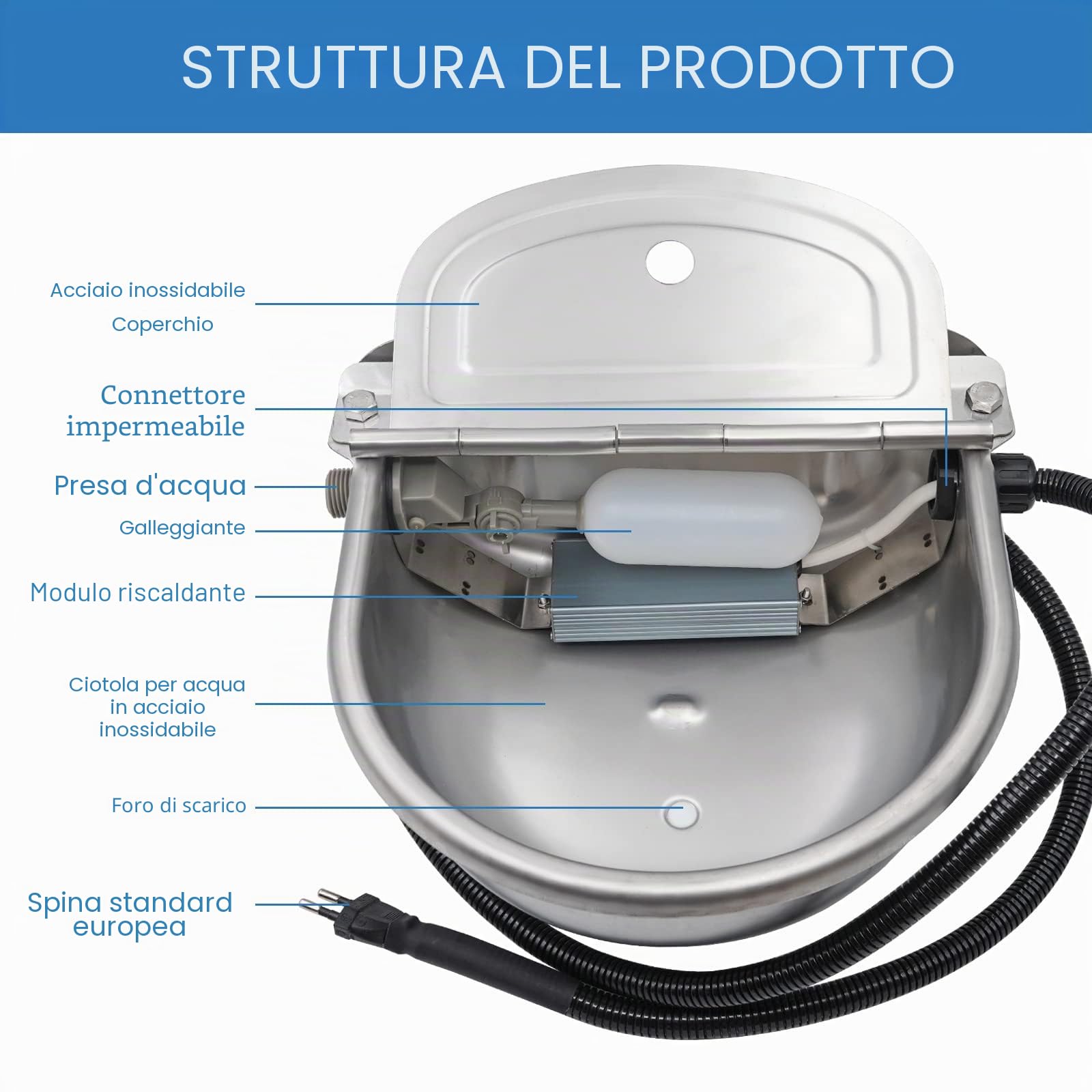 Abbeveratoio riscaldato da 220 V, con tappo di scarico in acciaio inox, termosifone automatico, antigelo, per cavalli, bovini, pecore, capre, cani, abbeveratoio (220 V)