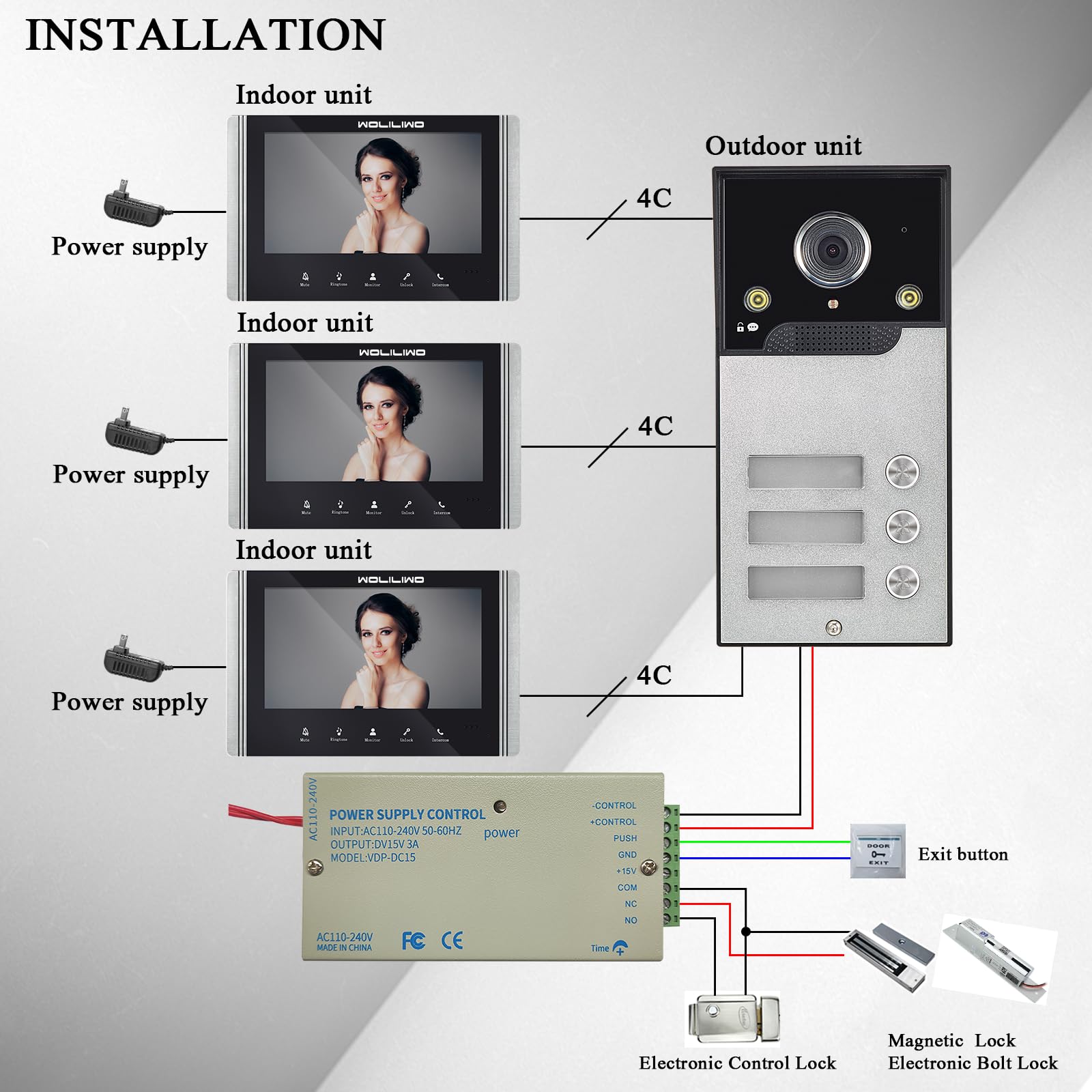Video Türklingel mit Kamera,3-familienhaus Video Doorbell Intercom with 7-Inch Monitor,Sprechanlage mit türöffner,4 Wires,Night Vision, IR Sensor, 52 Ringtones