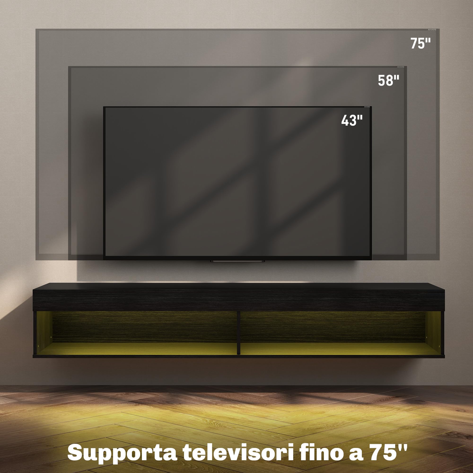 HOMCOM Mobile Porta TV fino 75" Sospeso con Luci LED 16 Colori e Modalità Regolabile con Telecomando, Mobile TV Sospeso in Legno, 180x40x30 cm, Nero
