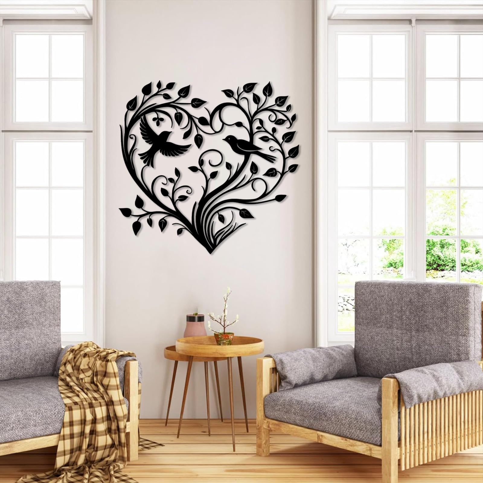 Arte moderna in metallo “cuore, albero e uccelli” per l’ufficio o lo studio