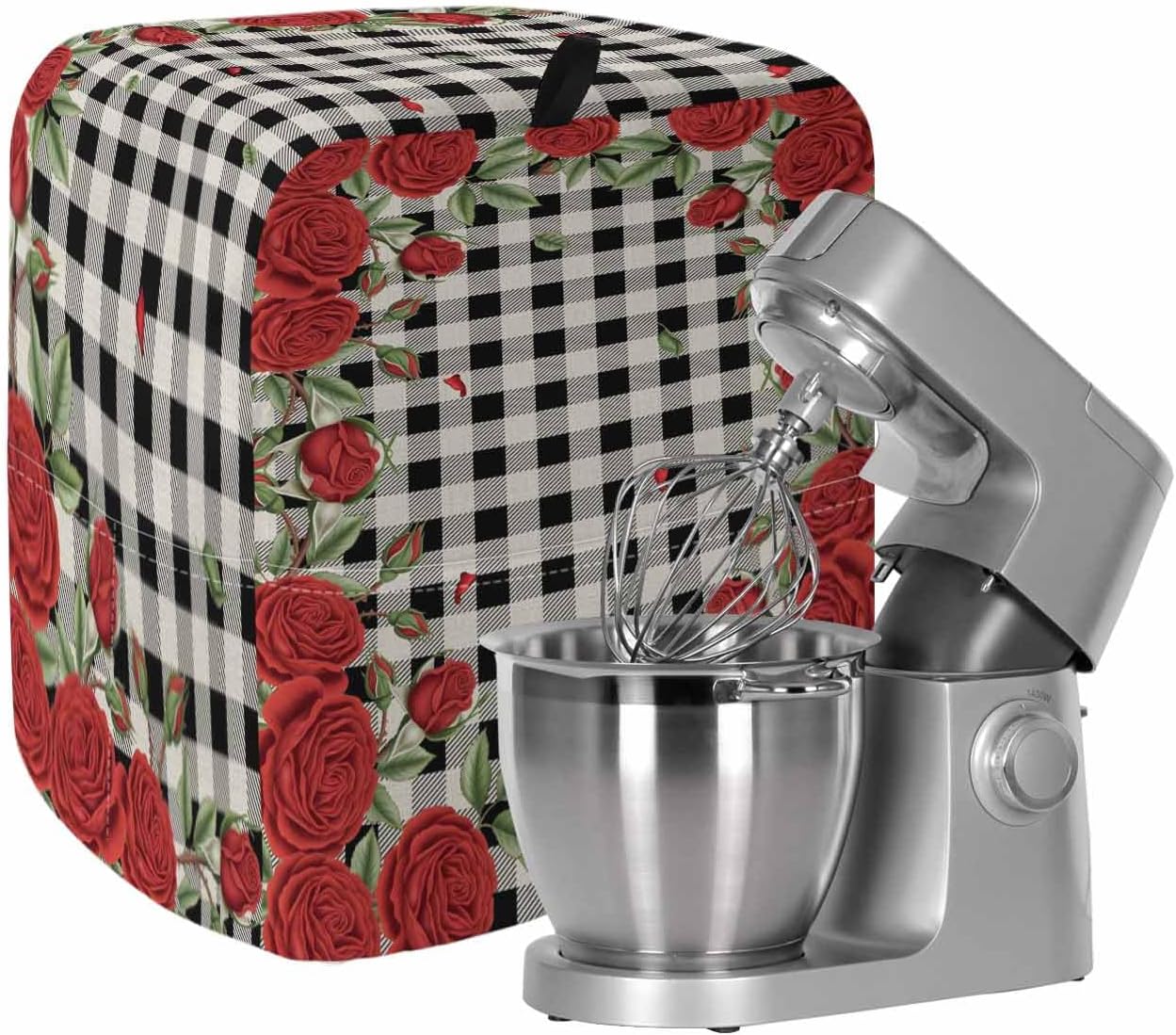 Stand Mixer Cover with Storage Pocket, Red Roses Valentine's Day Waterproof Kitchen Mixer Covers, Romantic Spring Floral Plaid Kitchen Appliance Dust Cover Compatible with 5-8 Quart Mixers