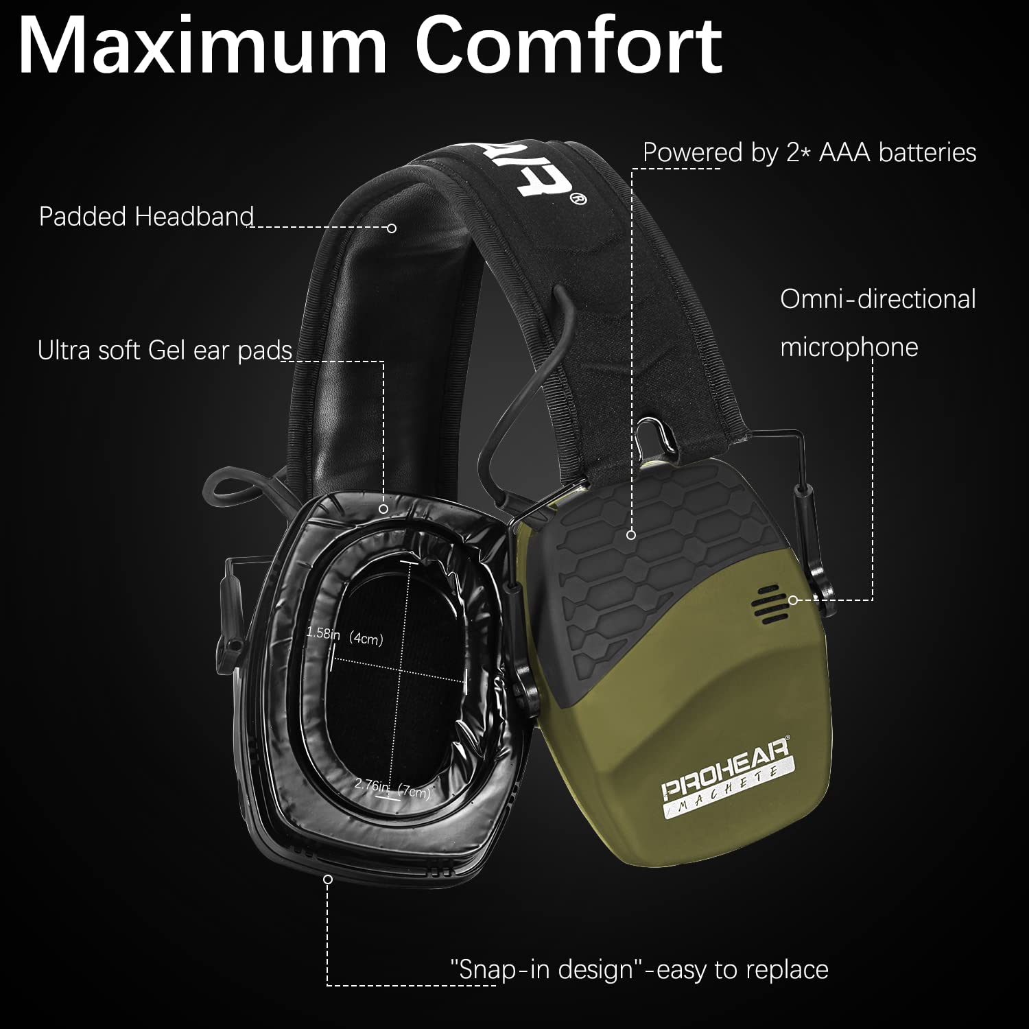 PROHEAR 030 Upgraded Bluetooth Electronic Shooting Hearing Protection Muffs with GEP02 Gel Ear Pads, Noise Reduction Sound Amplification Headsets for Range, Gifts for Women Man - Green