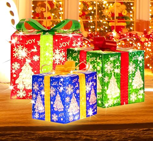 Miniatura 2 de Paquete de 3 cajas de regalo iluminadas con 70 luces LED de Navidad, decoraciones navideñas para interiores y exteriores, adorno de falda de árbol