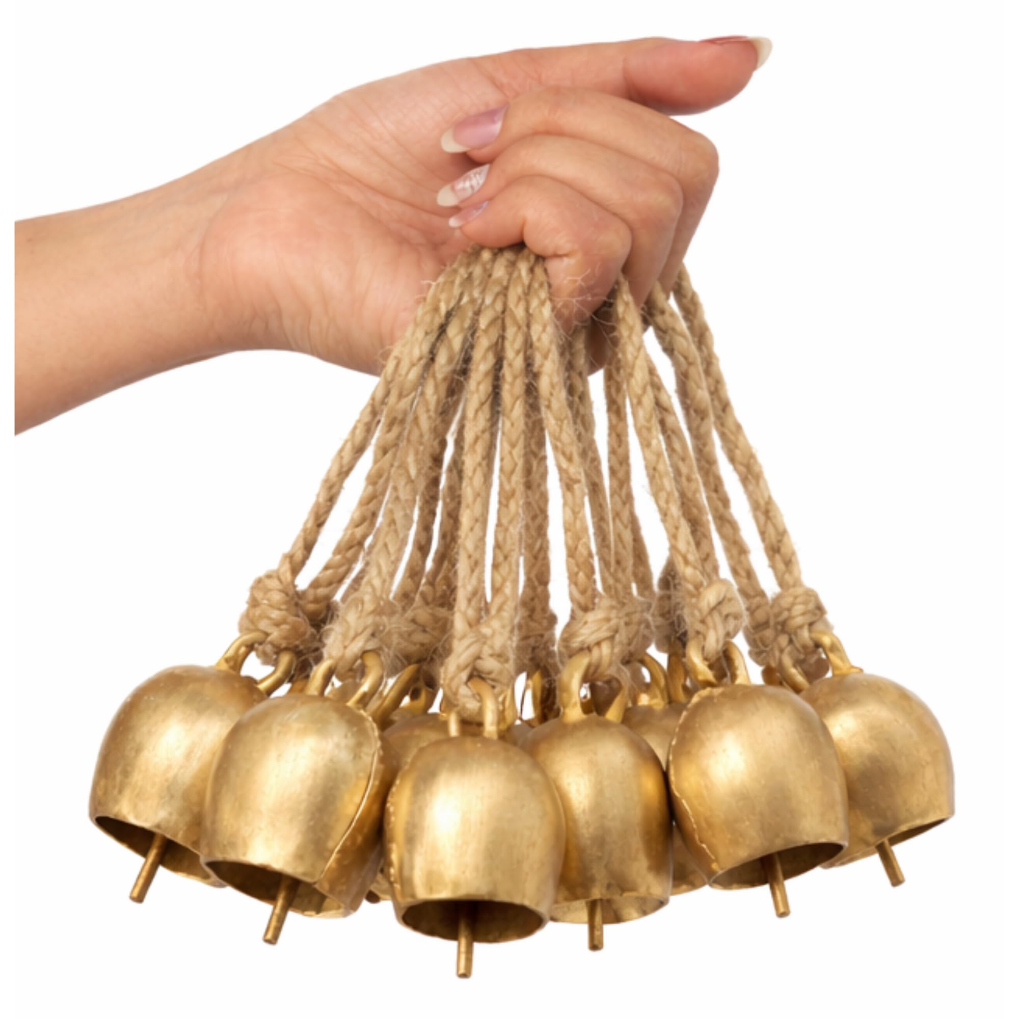 Rustic Brass Hanging Bells Pack of 10 | Vintage Mini Bells with Rope for Home Decor, Diwali Pooja, Wall Art, Christmas & Craft Use-image-45
