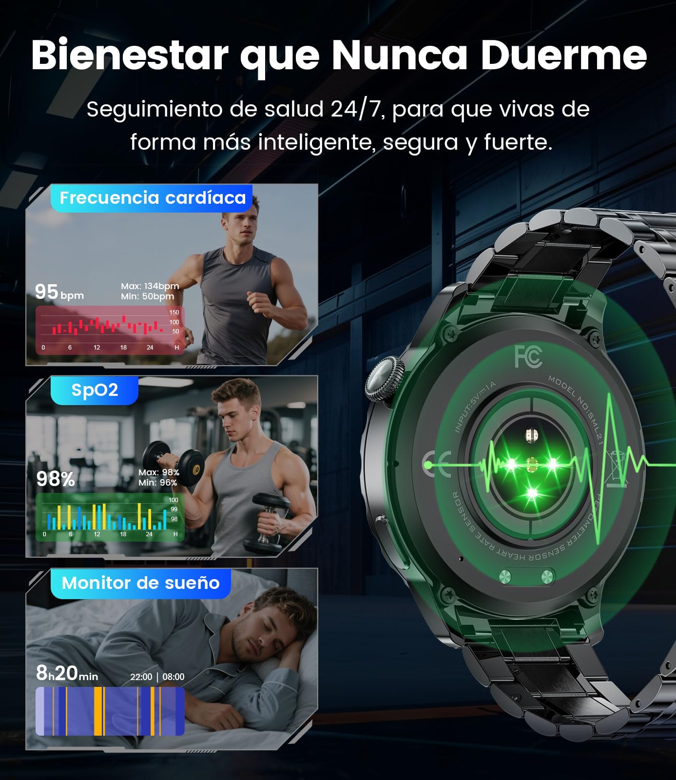 Smartwatch Hombre, 1.43" AMOLED Pantalla Redonda,123 Modos Deportivos,Ritmo Cardíaco Presión Arterial Sueño,Llamadas Bluetooth 5.3,2 Cables de Carga Magnéticos para Android iOS(SML21-B)