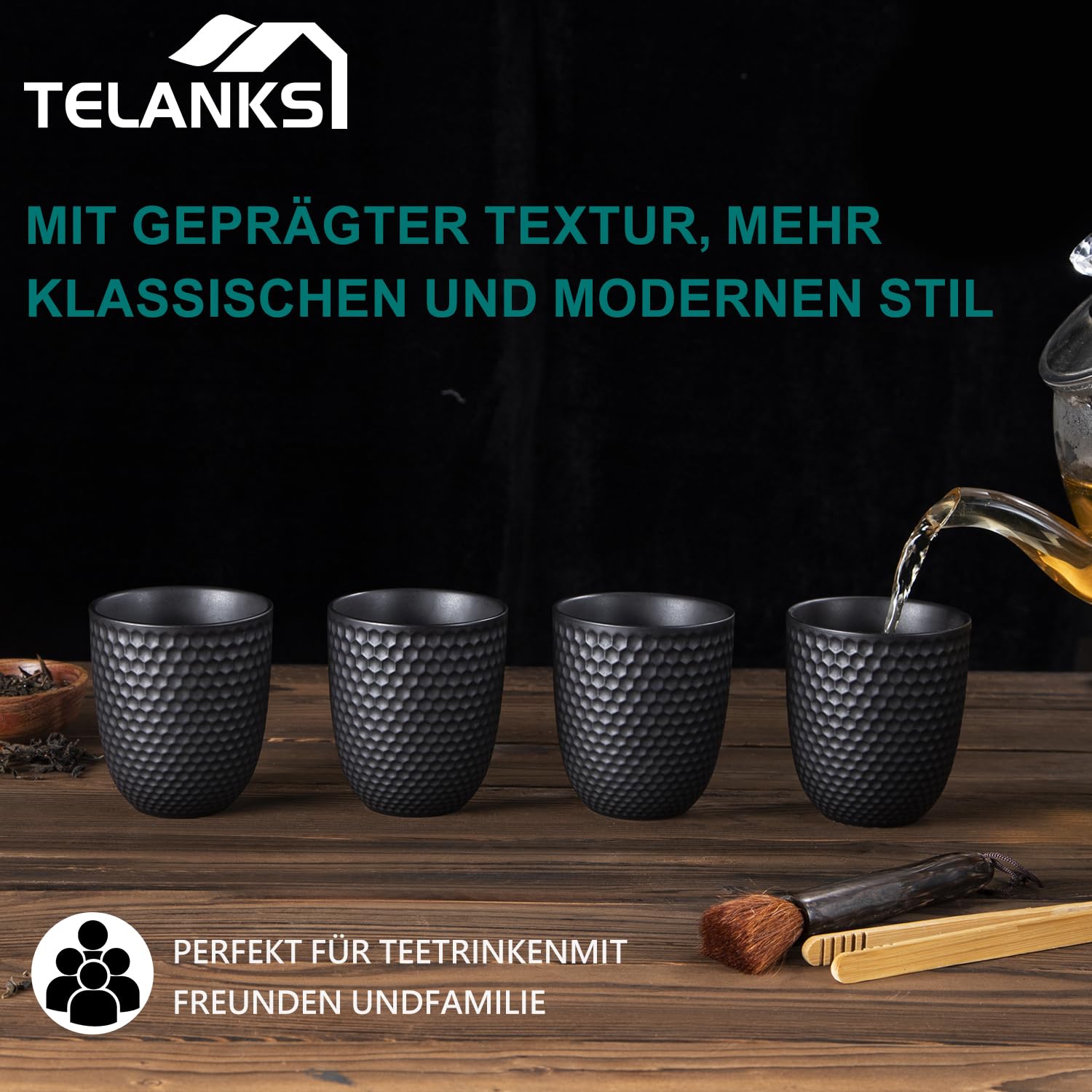 Japanische Teetasse Keramik, Tee Tassen Schwarz, Chinesische Teetassen Set Buddhistische Herz Sutra Muster Keramik Tasse ohne Henkel (180ml*4)