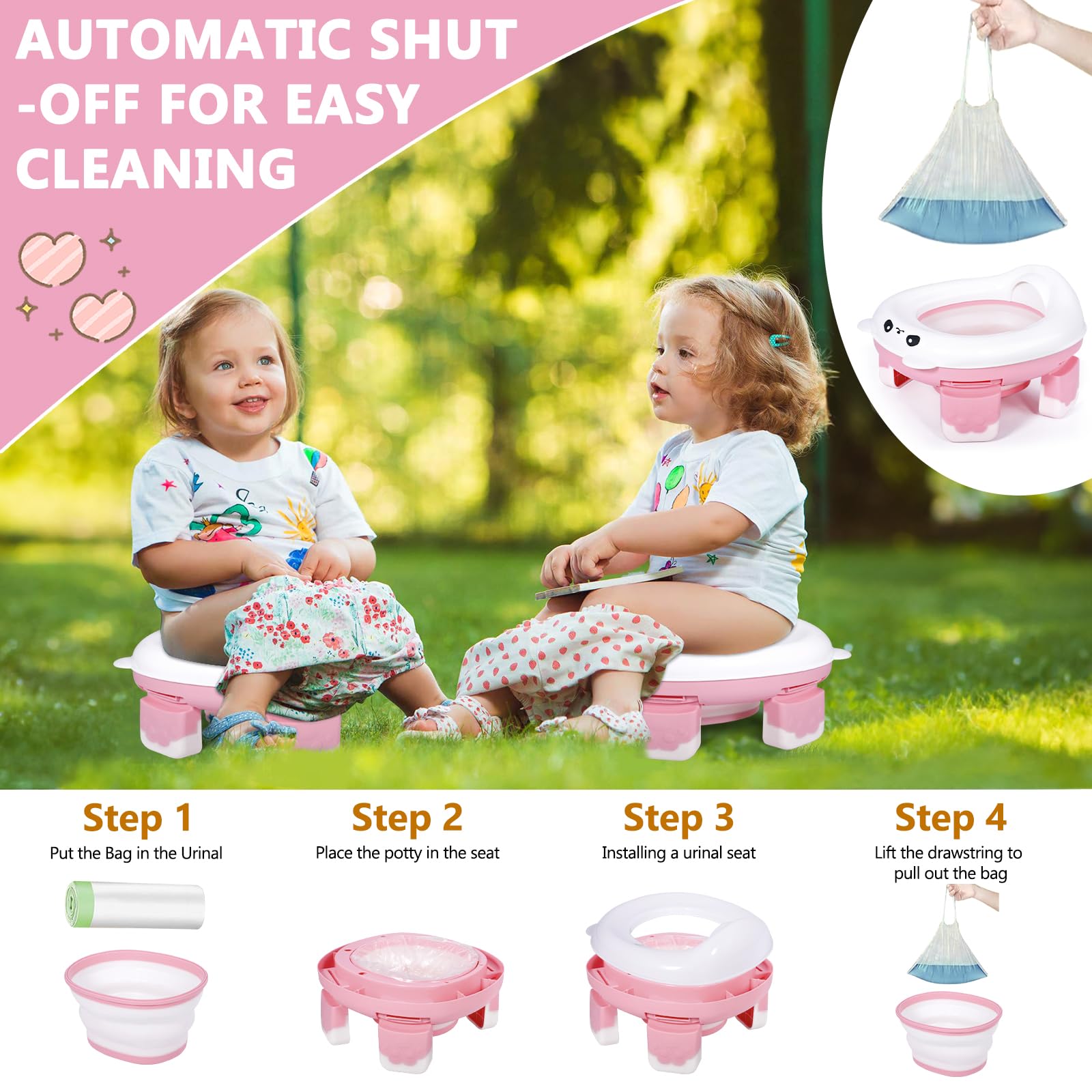 Vasino Portatile per Bambini da Viaggio, Wc Portatile Bambini, con 2 Rotolo Borsa per Vasino, 2 Adesivi di Ricompensa, Borsa di Stoccaggio, Water Portatile Bambini, Rosa