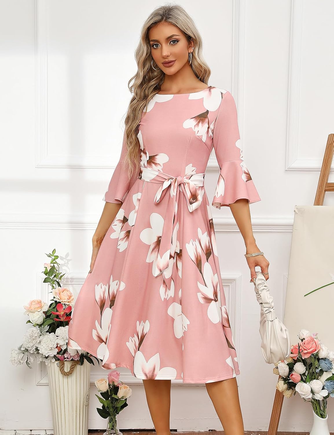 HomRain Women's Church Dresses Modest Bell Sleeve Wedding Guest Cocktail Tea Party Vintage Evening Dress - Image 3