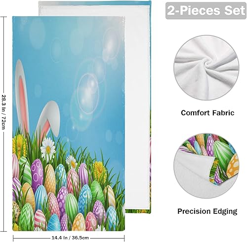 Miniatura 2 de Juego de 2 toallas de cara de conejo con huevos coloridos de Pascua, toallas de mano, toallas de playa, baño y cocina, 30 x 15 pulgadas