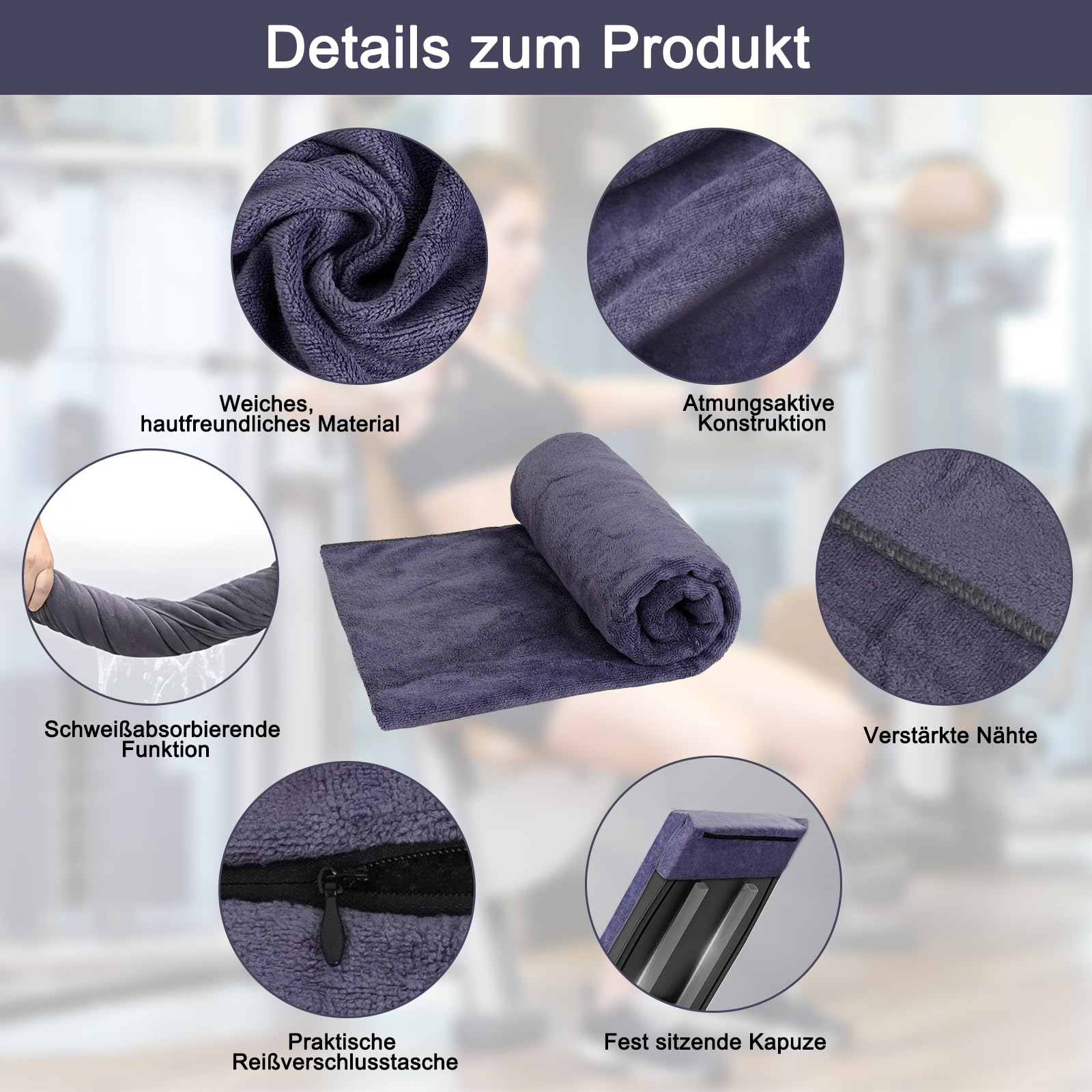 Toalla Gym con Bolsillo Cremallera - 120x50cm Toalla Gimnasio Hombre Mujer, Toalla Microfibra para Gimnasio, Entrenamiento, Exterior Deporte, Yoga, Playa, Ducha (Azul Grisáceo)