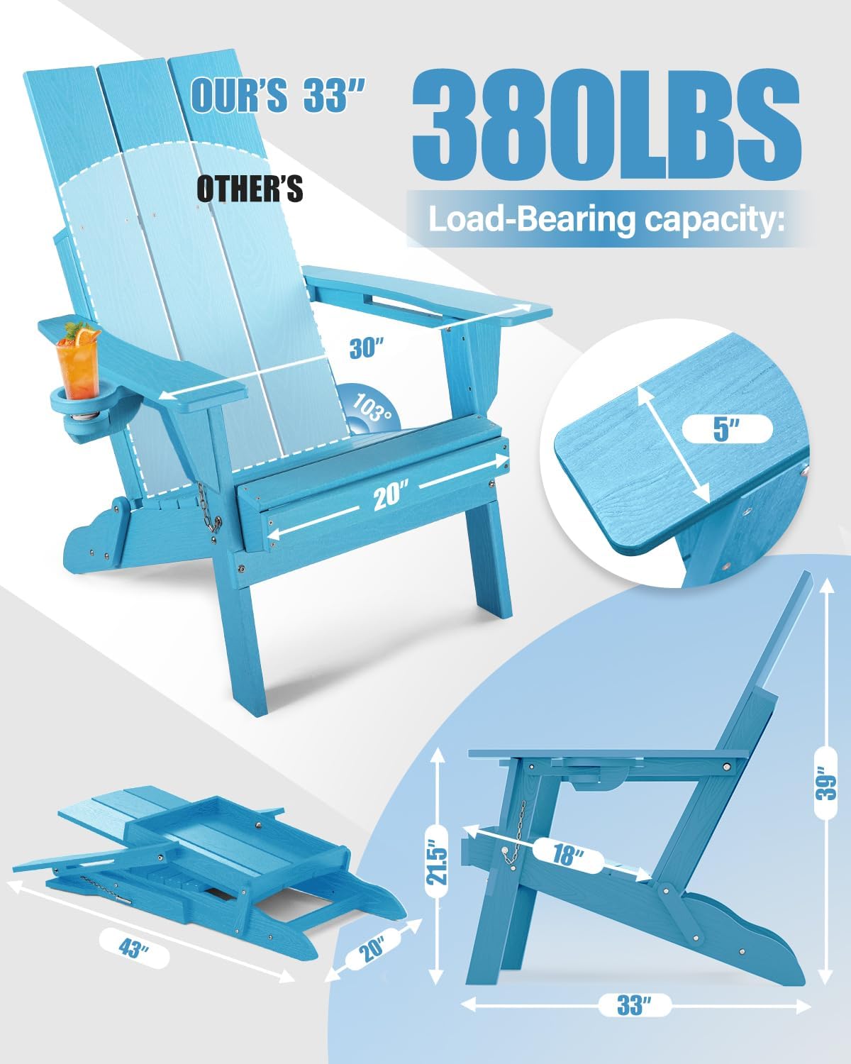 Adirondack Chair with Cup Holder: Folding Adirondack Chairs Set of 4 Plastic HDPE Material Furniture - Modern Composite Fire Pit Chairs Foldable for Outdoor/Backyard/Garden/Lawn/Deck/Porch