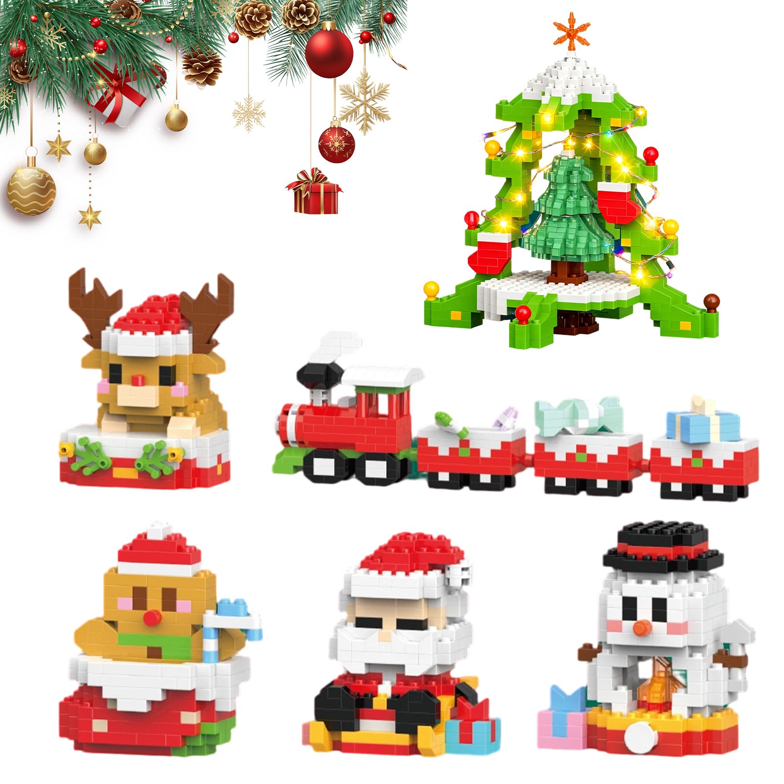 6Pcs Christmas Building Blocks Set, Christmas Theme Building Blocks Ornaments, Mini Building Figures