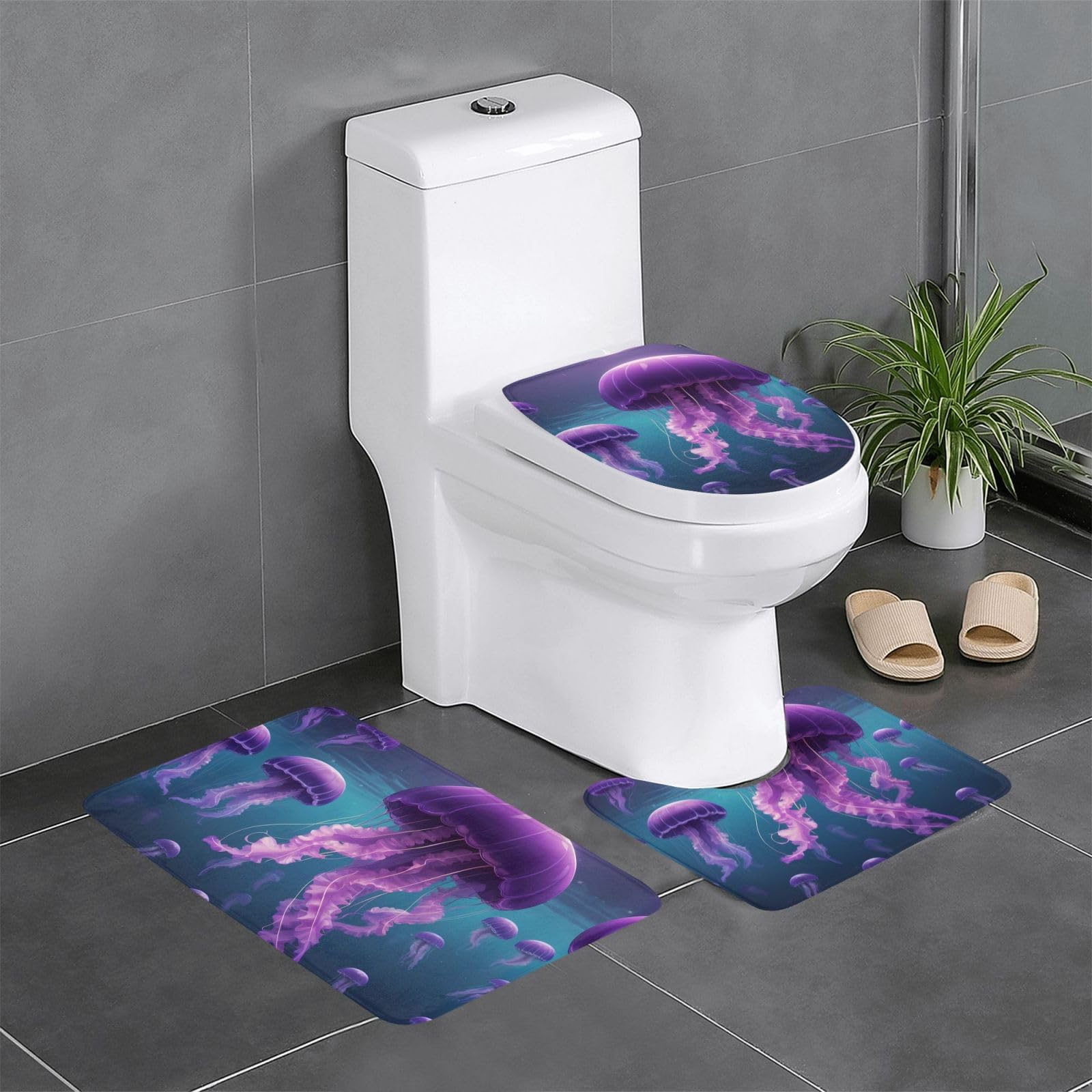 Tapis de salle de bain violet méduse décoratif pour une ambiance marine et zen lot de 3