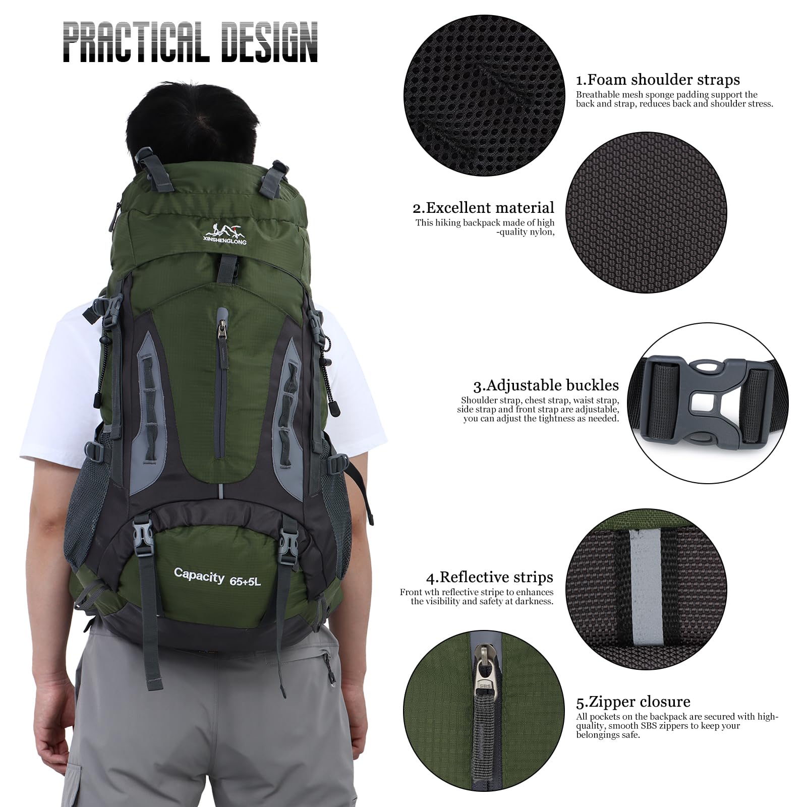 Zaino da trekking impermeabile da 70 litri con copertura antipioggia, grande zaino da viaggio per campeggio, camminata, arrampicata