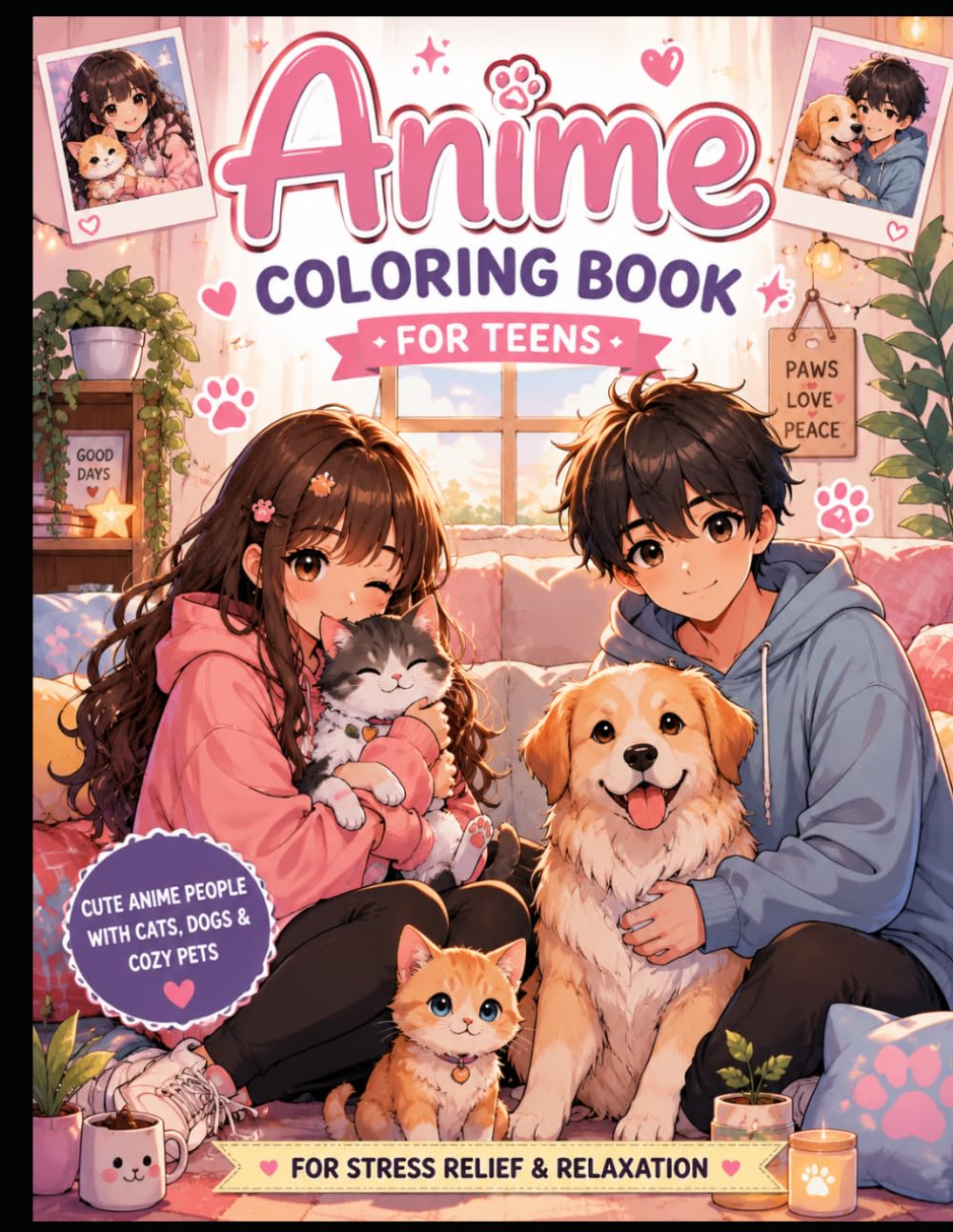 Anime Coloring Book for Teens: Cute Anime People with Cats, Dogs & Cozy Pets for Stress Relief, Relaxation, Creativity & Fun