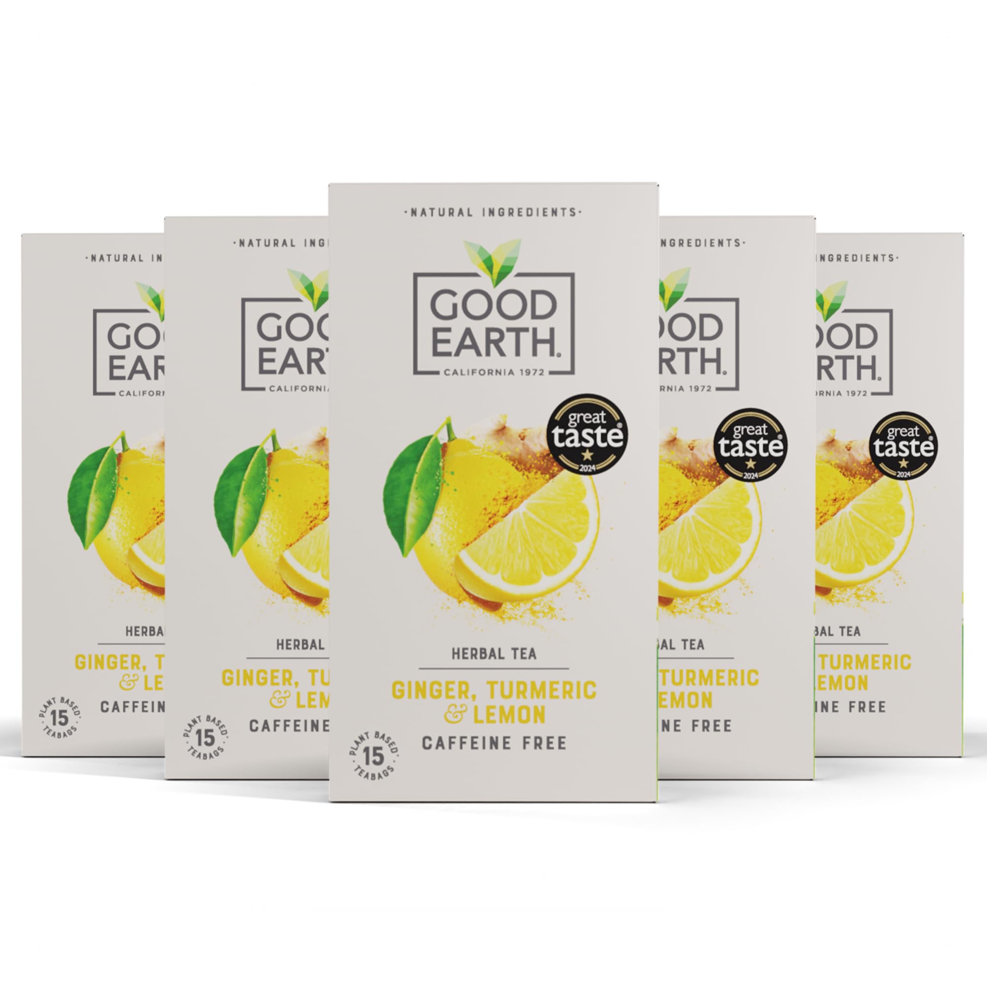 Good Earth Tea Co. Ginger, Turmeric & Lemon Tea Bags – Zingy Herbal Blend with Ginger, Turmeric and Lemon – 5 x 15 Plant-Based Teabags