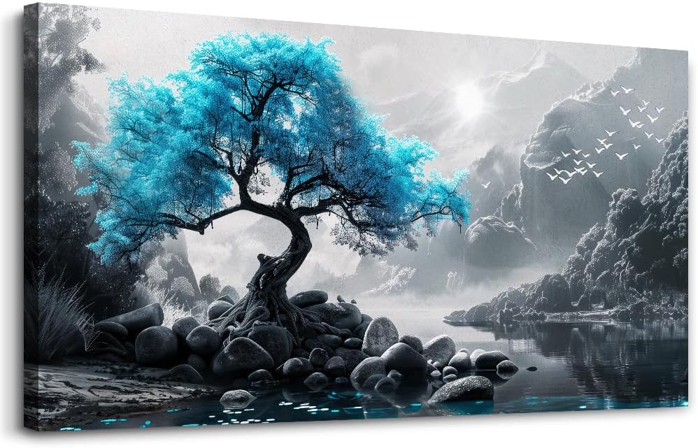 KELIYUAN Large Wall Decor Canvas Painting Wall Art For Bedroom Living Room Decoration Blue Tree Black And White Foggy Mountain Landscape Art Print Picture Room For office Room Home Decor 30x60 In