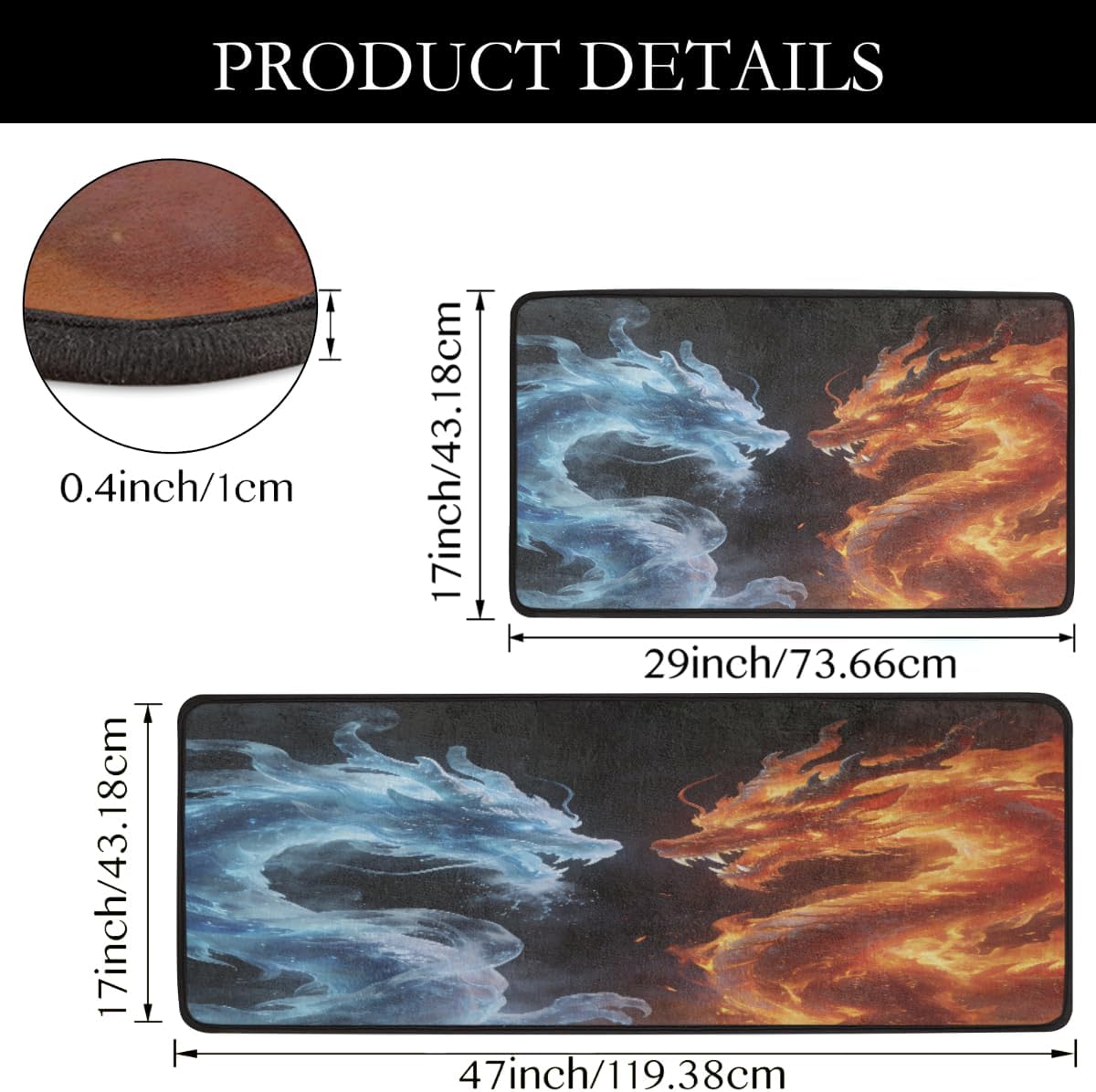 Anti Fatigue Ice Fire Dragons Kitchen Mats for Floor 2 Piece Set, Waterproof Non Slip Boho Kitchen Floor Rugs, Comfort Standing Mat for Sink Laundry & Home Kitchen 17"x47"+17"x29"