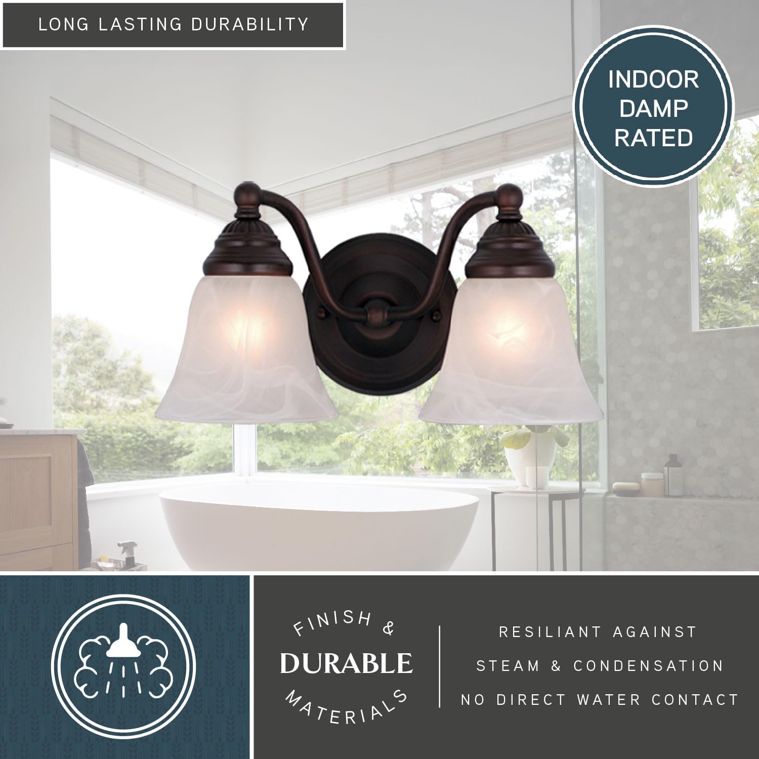 VAXCEL Standford 2-Light 13 inch Wide Oil Burnished Bronze Traditional Bathroom Vanity Lighting Fixture, White Alabaster Glass Shade, Dimmable, LED Compatible, Over The Mirror Mounted Wall Sconce