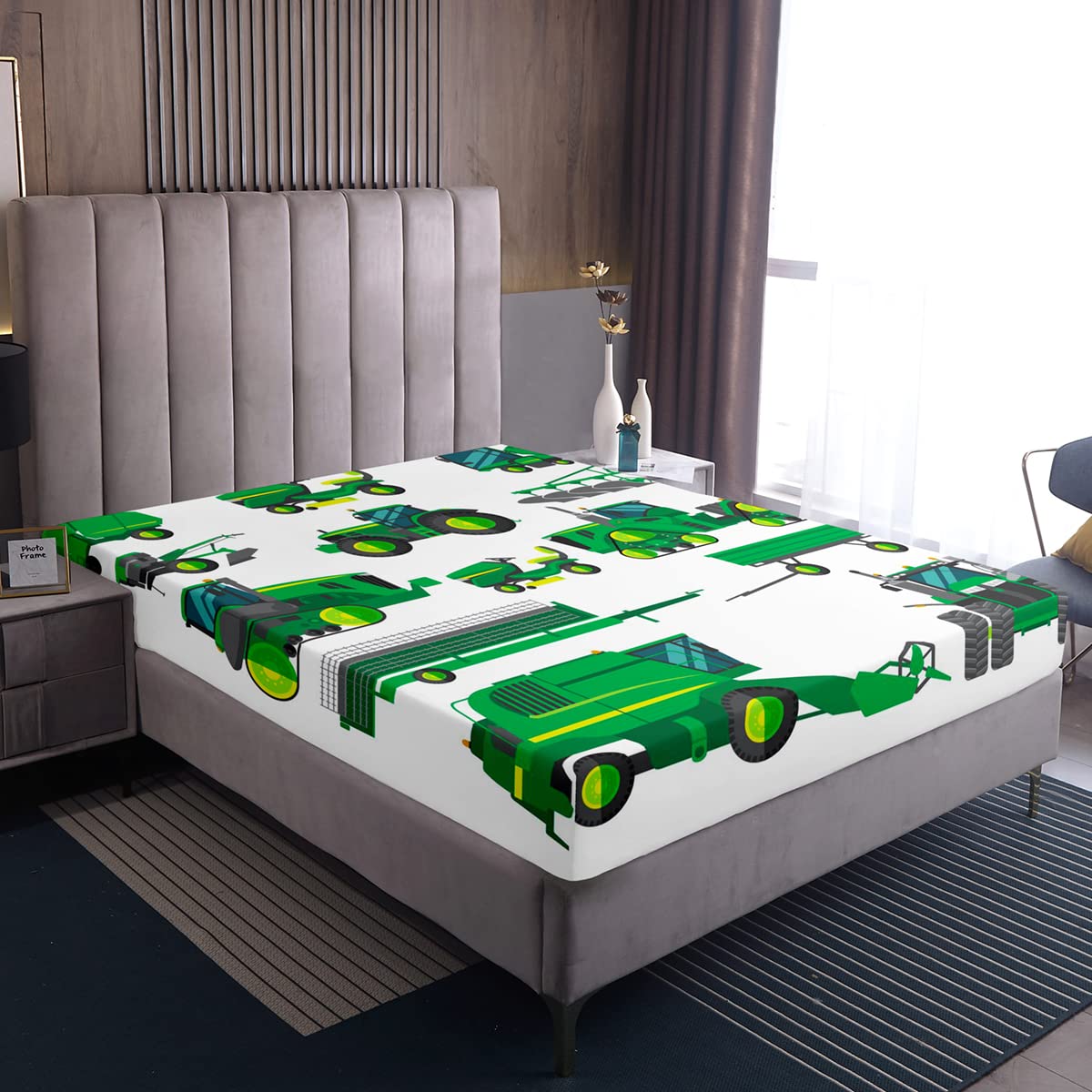 Loussiesd Kids Car Fitted Sheet King Cartoon Excavator CONSTRUCTION Truck Fitted Sheets For Boys Kids Heavy Machinery Vehicles Bed Sheet Set Bedroom Decor Green White Box Spring Bed Sheets — image 1