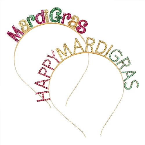 HEIDKRUEGER 2 diademas Happy Mardi Gras con purpurina y diamantes de imitación para fiesta de desfile, accesorios de aro para el cabello