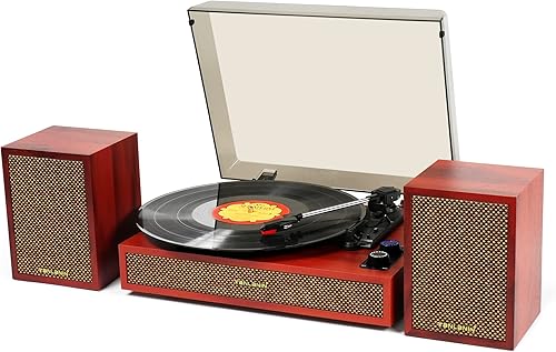 Miniatura 11 de Tocadiscos de vinilo con altavoces externos, tocadiscos estéreo vintage de 3 velocidades para discos de vinilo, entrada Bluetooth, parada automática