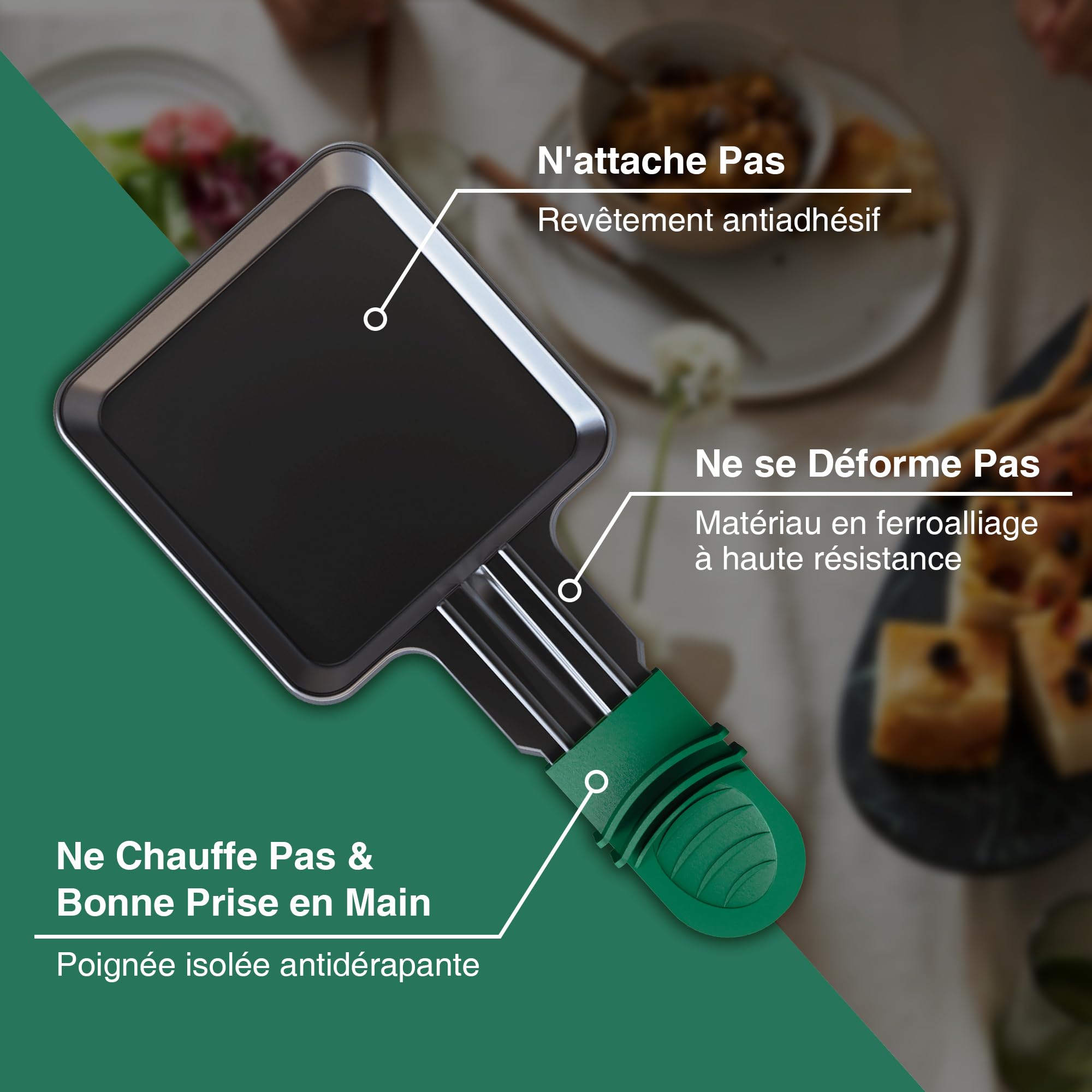 Yoassi 8 Pcs Poêlons Raclette Carré à Revêtement Antiadhésif,Mini Coupelle Raclette avec Poignées Colorées Anti-brûlures pour Fromage Fondu Oeuf Frit,8 Pcs Spatules Passés au Lave-vaisselle