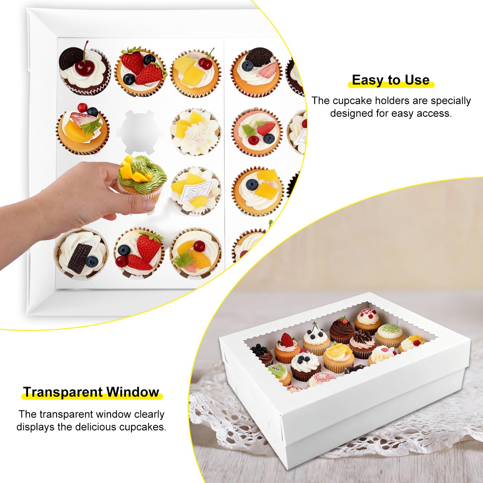 5stk Cupcake-Boxen 24 Stück mit Fenster, Wellpappe Mini-Cupcake-Behälter Höhenverstellbare Einsätze für Bäckerei Desserts Kekse Muffins Partys Geschenkverpackung (39x28x10cm)