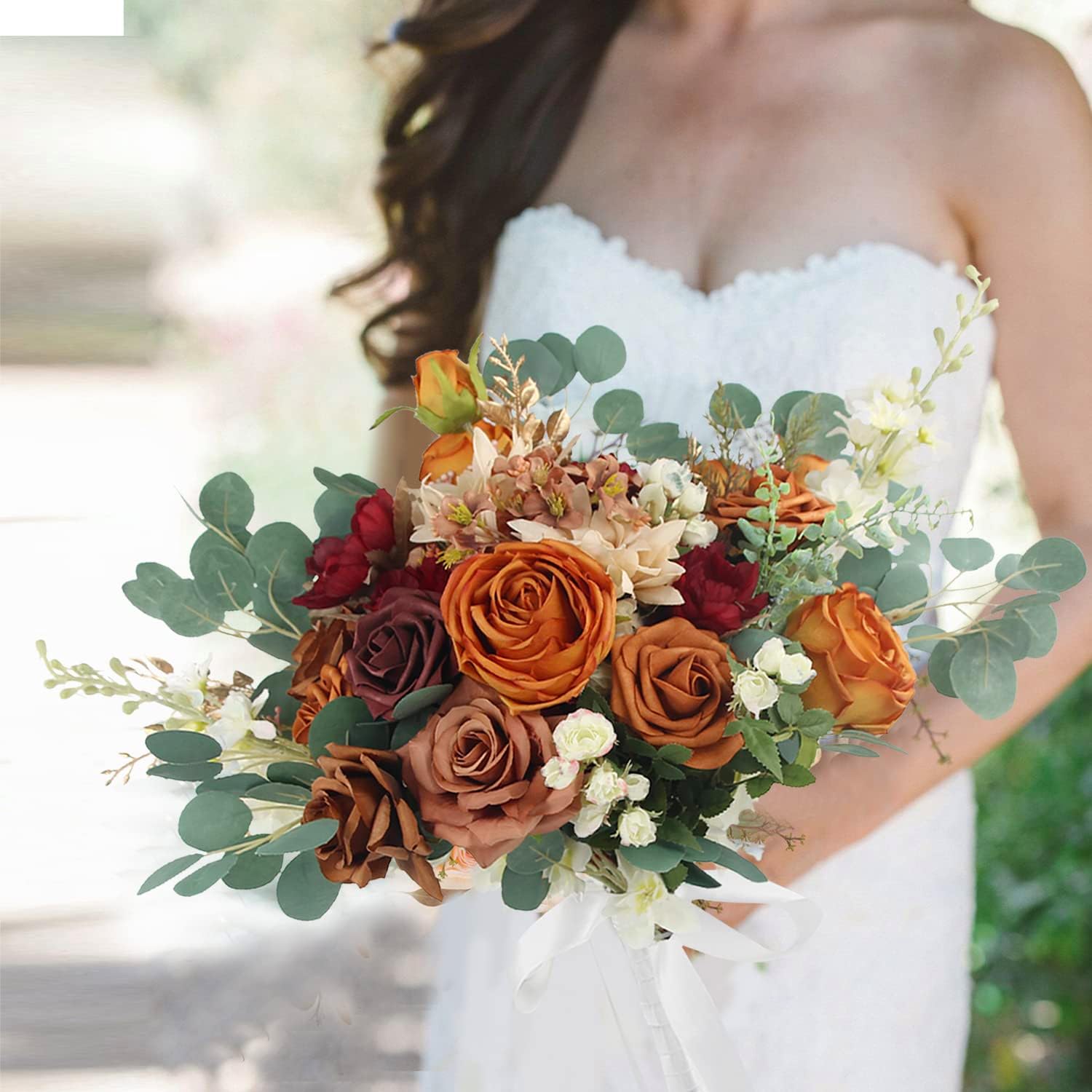 Rinlong 19.6 Inch Fall Bouquets - Burnt Orange Bridal Bouquet - Artificial Silk Flowers Wedding Bouquet