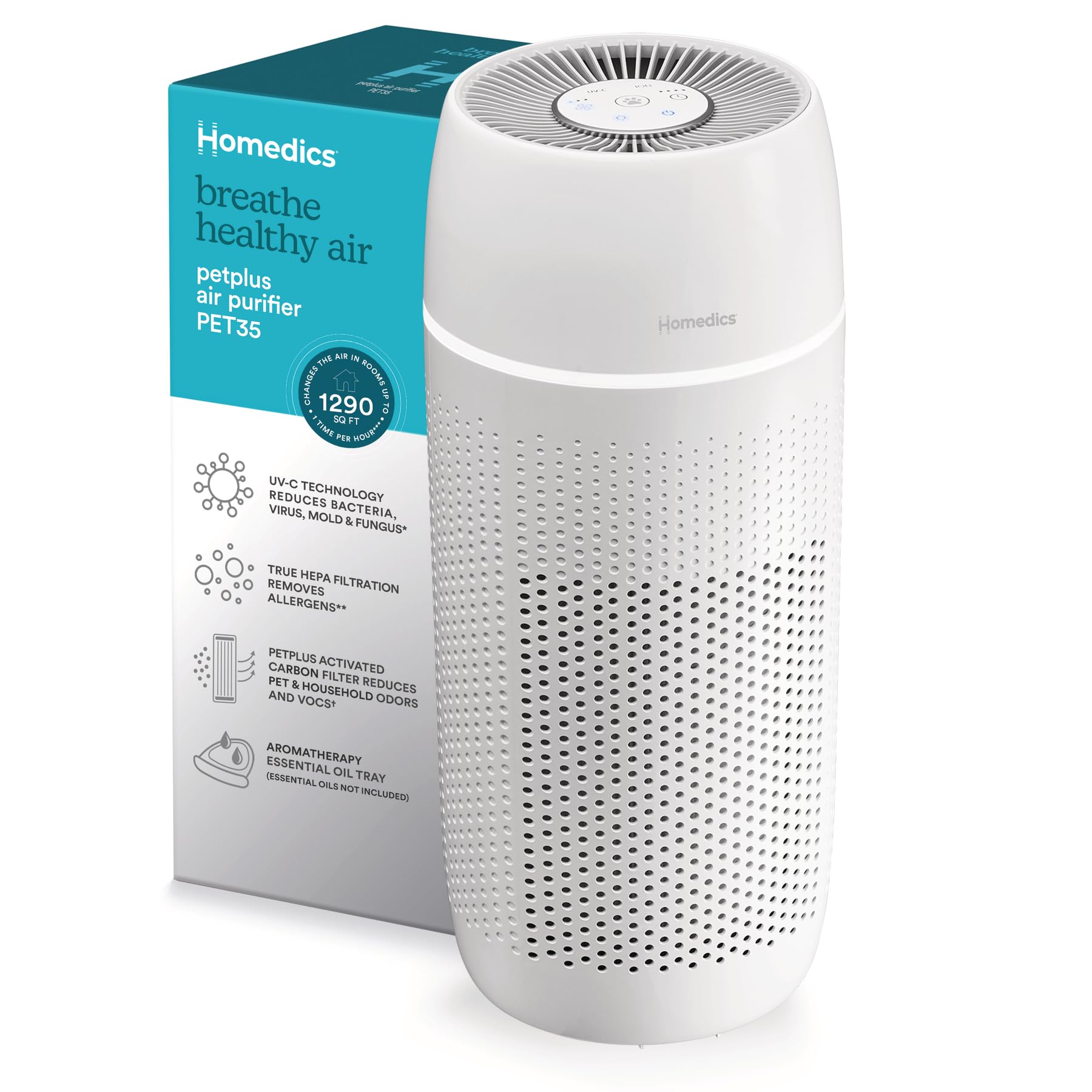 Homedics 5-in-1 PetPlus UV-C Air Purifier - 360-Degree HEPA Filter for 266 Sq Ft, Air Purifiers for Pets, Bedroom, and Home with Essential Oil Pads and Built-In Timer, 3 Speed Settings, White