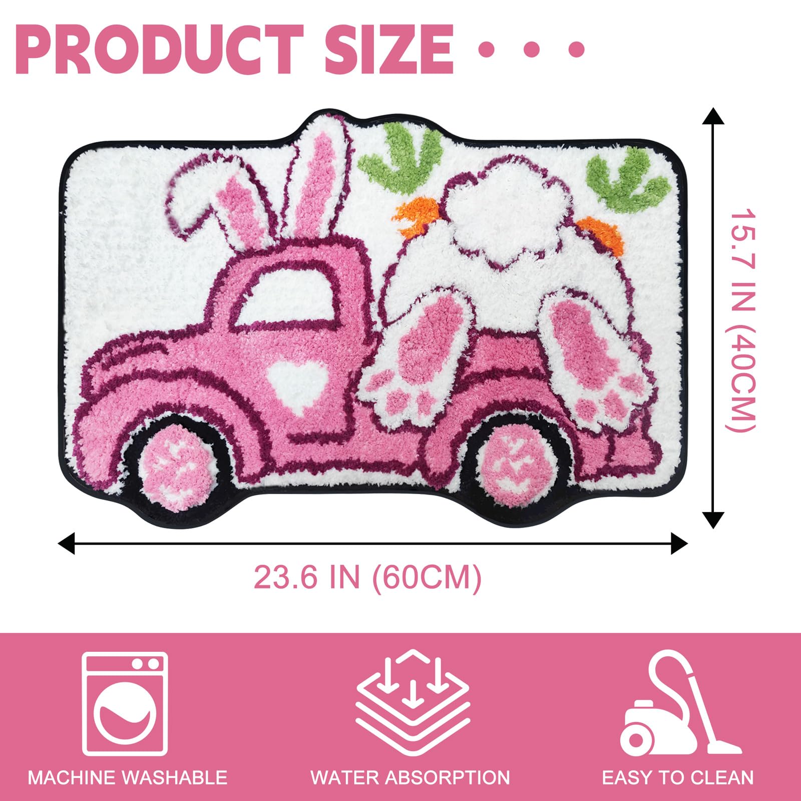 cusugbaso Easter Bath Mat, Bunny Pink Truck Bathroom Rugs - Farmhouse Easter Decorations for The Home - Rustic Cute Bathroom Rugs 16x24 Inches