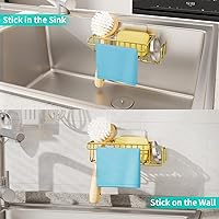 Vista 5 de HapiRm Soporte de esponja para fregadero de cocina, organizador de fregadero de cocina sin taladro, soporte para esponja de platos a prueba de Dorado