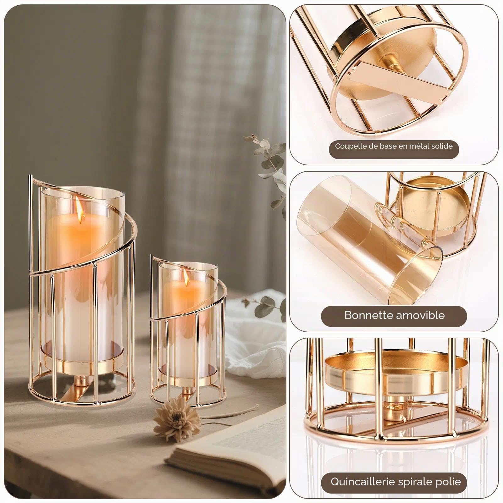 Lot de 2 photophores décoratifs, Cylindre en Verre Doré (Or) | avec Fond en métal pour Bougies, pour Petites Bougies Piliers Plateau à Bougies avec Cylindre pour décoration de Table, Salon