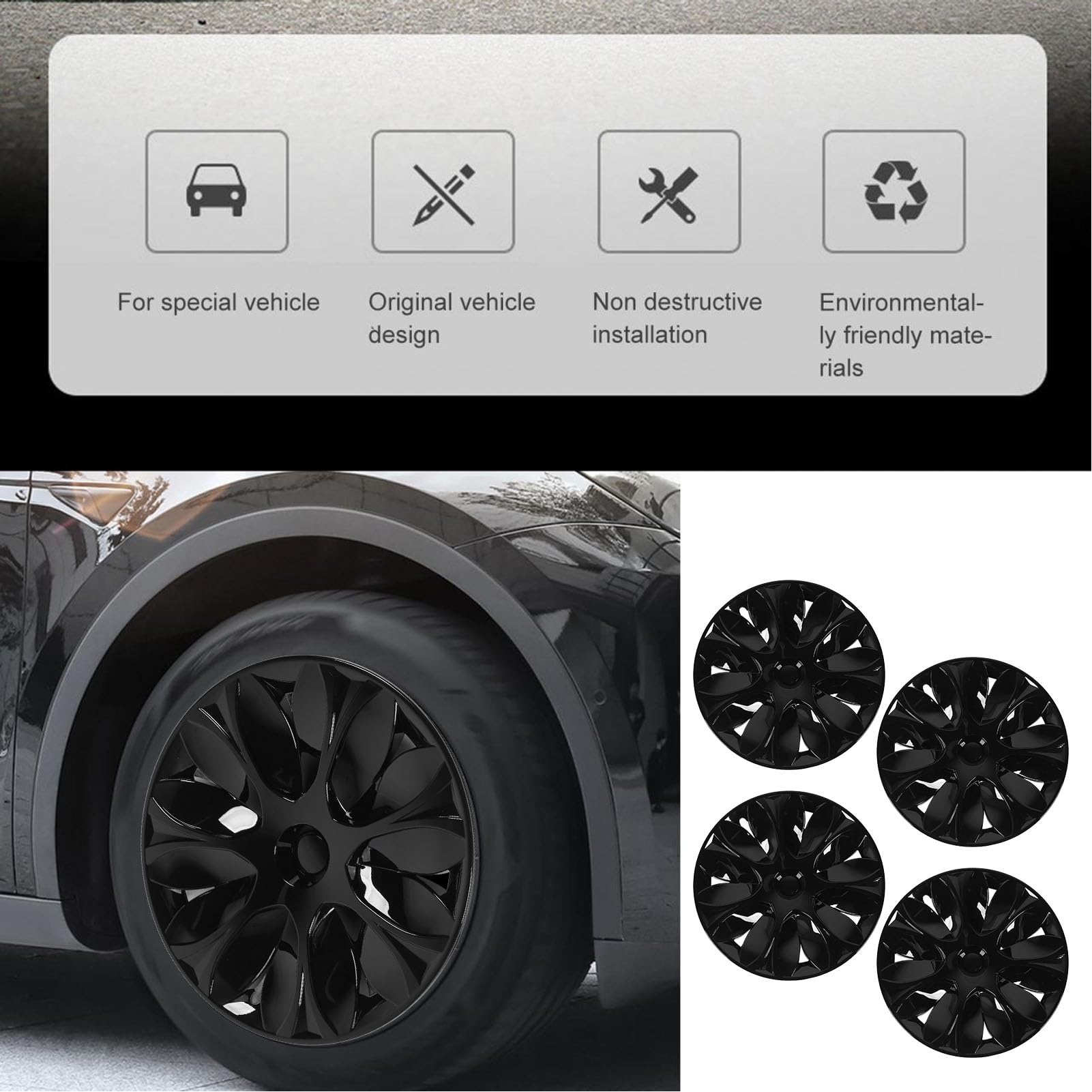 Model Y 2021-2024 pełne kołpaki kół ABS o wysokiej wytrzymałości, 4-częściowy zestaw, ochrona łatwa w instalacji, stylowe i trwałe wykończenie