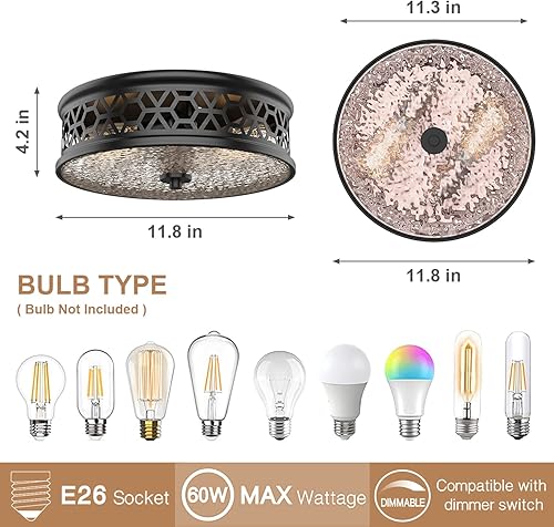 Miniatura 5 de EAPUDUN FMA1538-MBK - Lámpara de techo de montaje empotrado, 2 luces vintage de 12 pulgadas con vidrio ondulado, lámpara de techo negra para