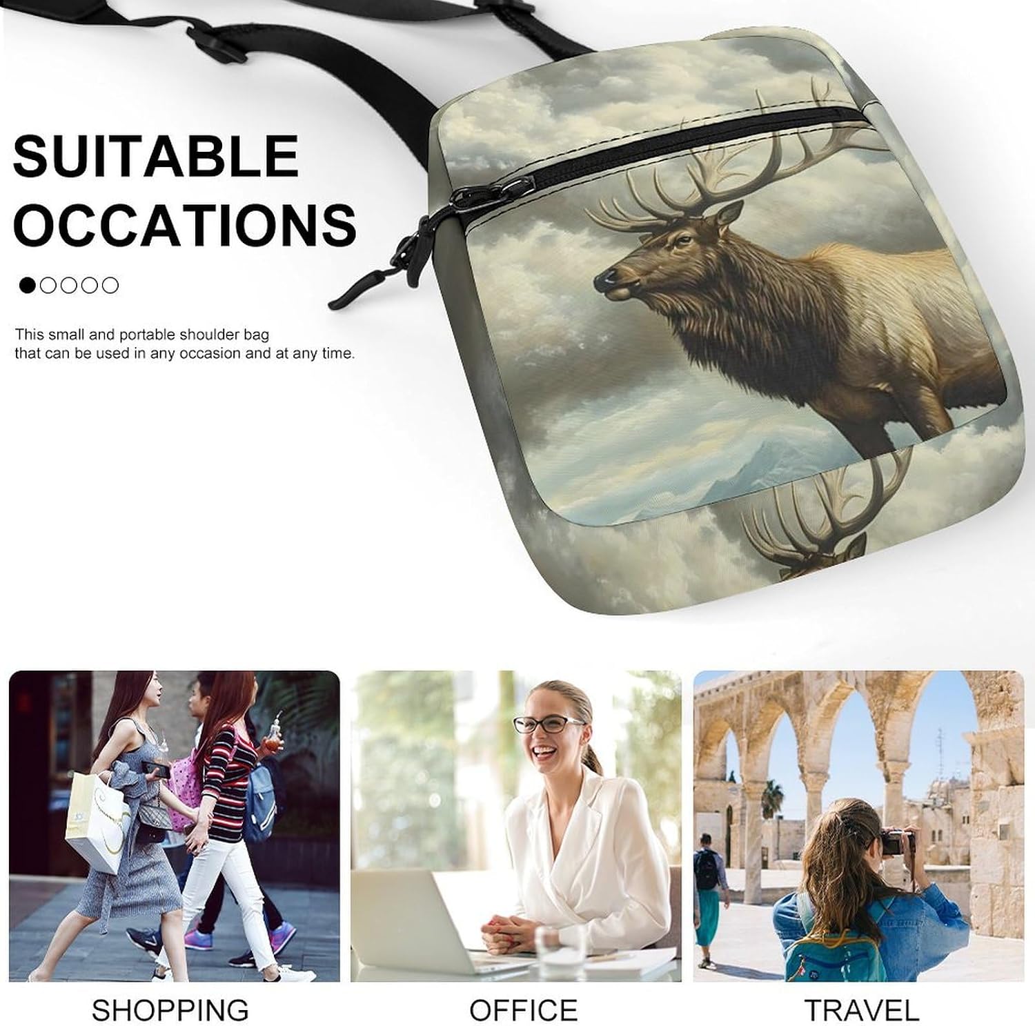Deers Grassland Cumulus Clouds Small Crossbody Bag Sling Shoulder Satchel | for women men,work travel workout,detachable and adjustable shoulder strap