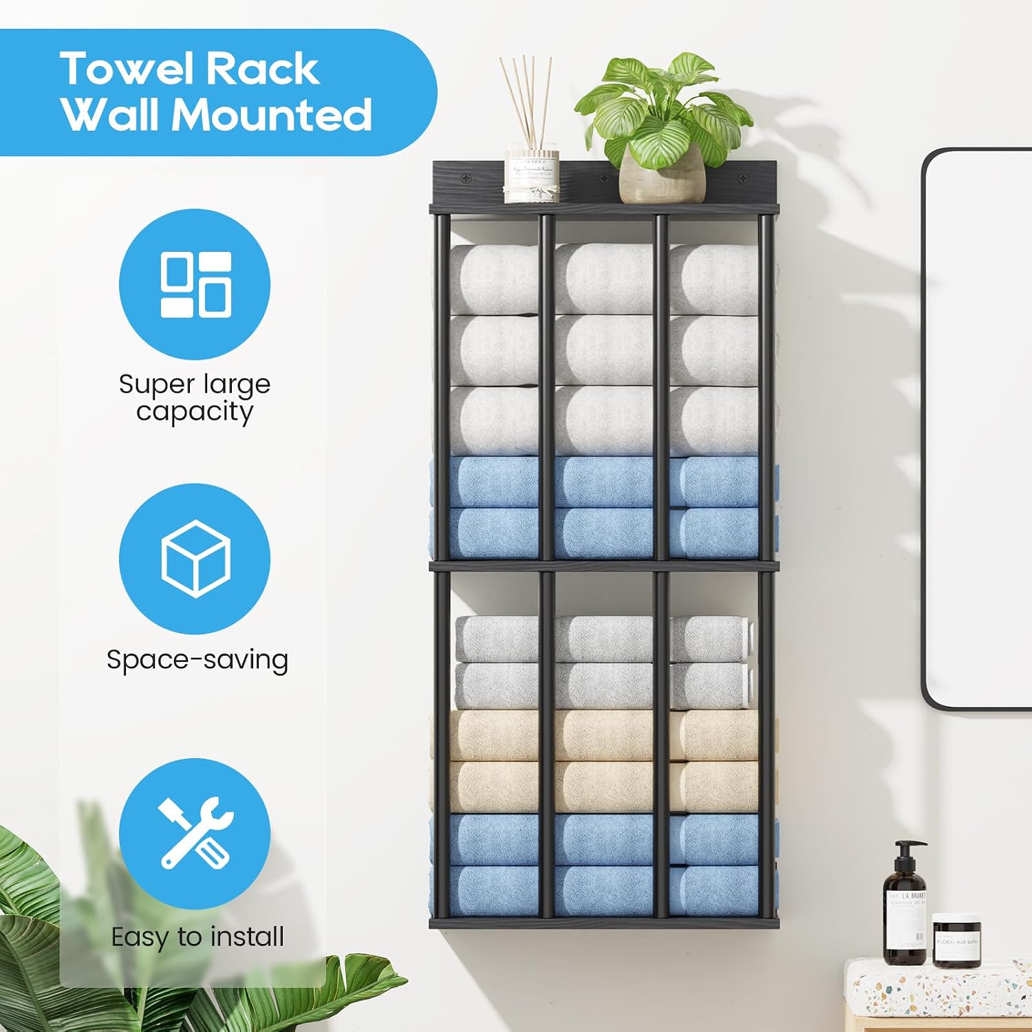 Towel Racks for Bathroom Wall Mounted, Updated 4 Bar Wall Towel Holder | Large Bathroom Towel Storage Rack for Rolled Towels, Modern Metal Towel Organizer Shelf with Wooden Storage Shelf