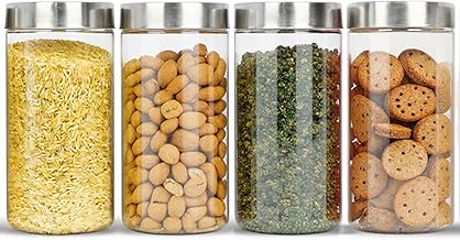 PEARLPET Plus Range Plastic Storage Jars & Containers For Kitchen |Stackable | Air Tight |Steel Cap Jar Set Of 4 Food Grade Boxes For Kitchen storage | Bpa-Free |4 pieces of 1700 Ml,Transparent