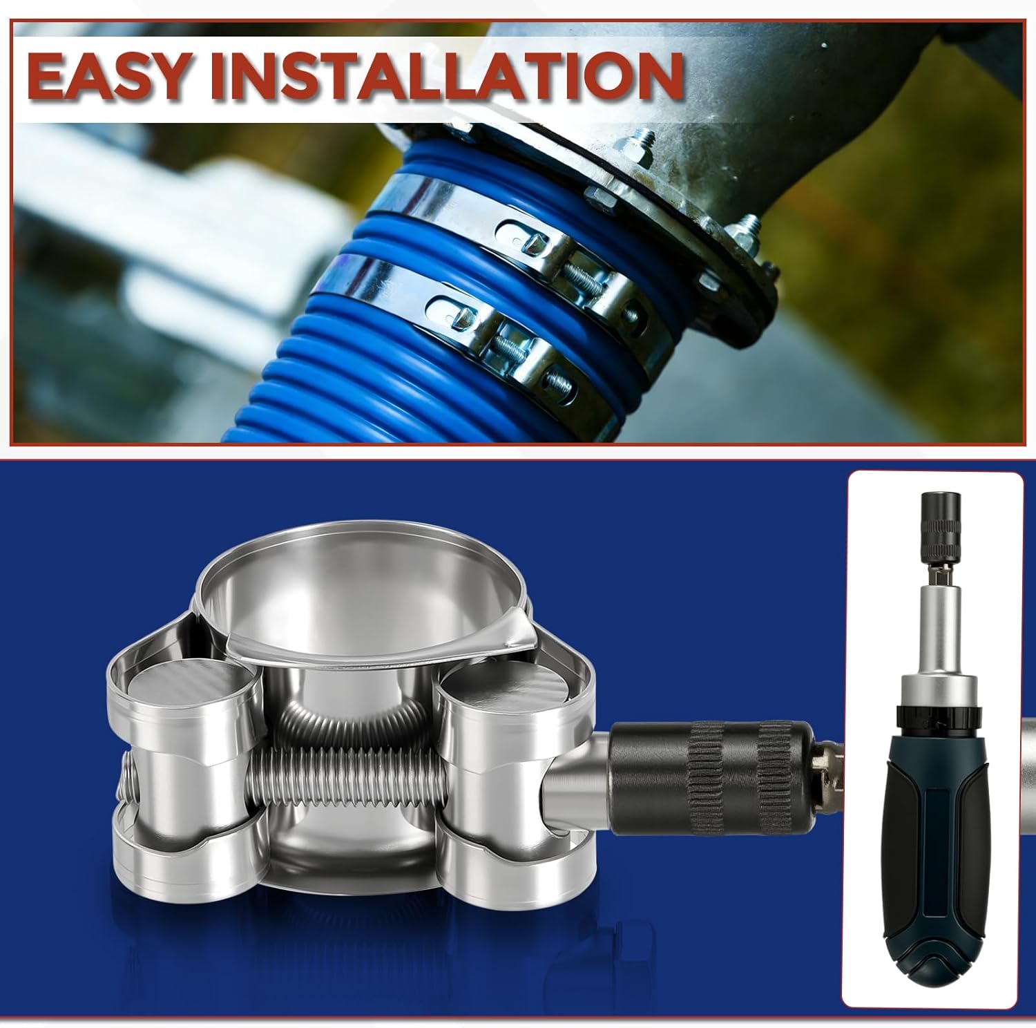 4Pcs 304 Stainless Steel T-Bolt Hose Clamp, Adjustable OD Range 1.7" to 1.9" (44-47mm) Heavy Duty Pipe Strap Clamp, Metal Fuel Line Clamping for Automotive, Plumbing, Industrial