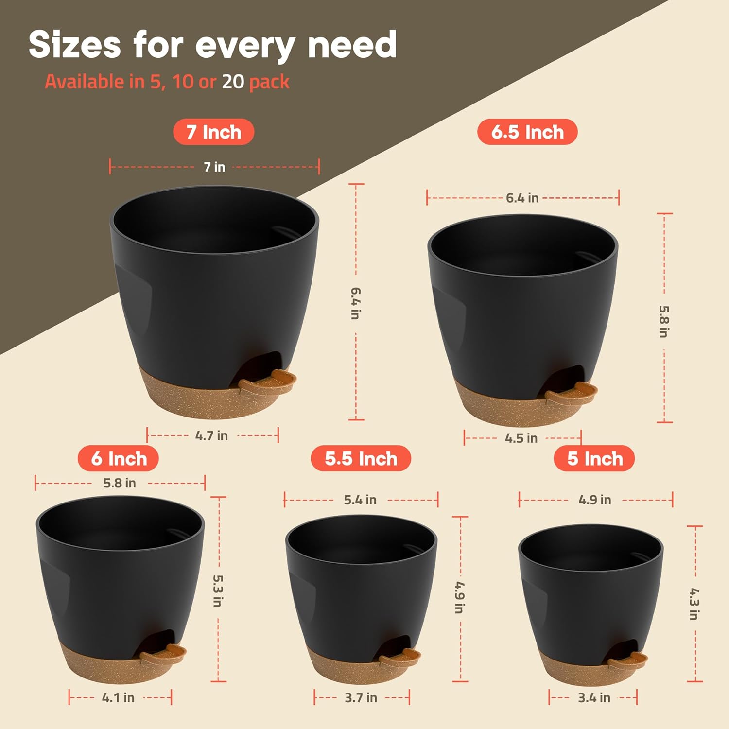 Black Self Watering Pots 20 Pack, Indoor and Outdoor Plant Pots with Wick Rope & Drainage Holes, Easy Watering Lip, Lightweight Plastic Self Watering Planter for Succulents, Houseplants, and Herbs