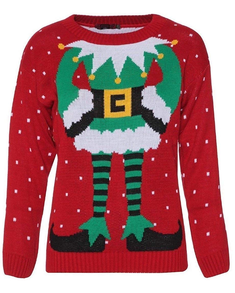 GirlzWalk Womens Elf Body Snow Printed Design Novelty Christmas Knitted Jumper Sweater (Red, XXXL (24-26))
