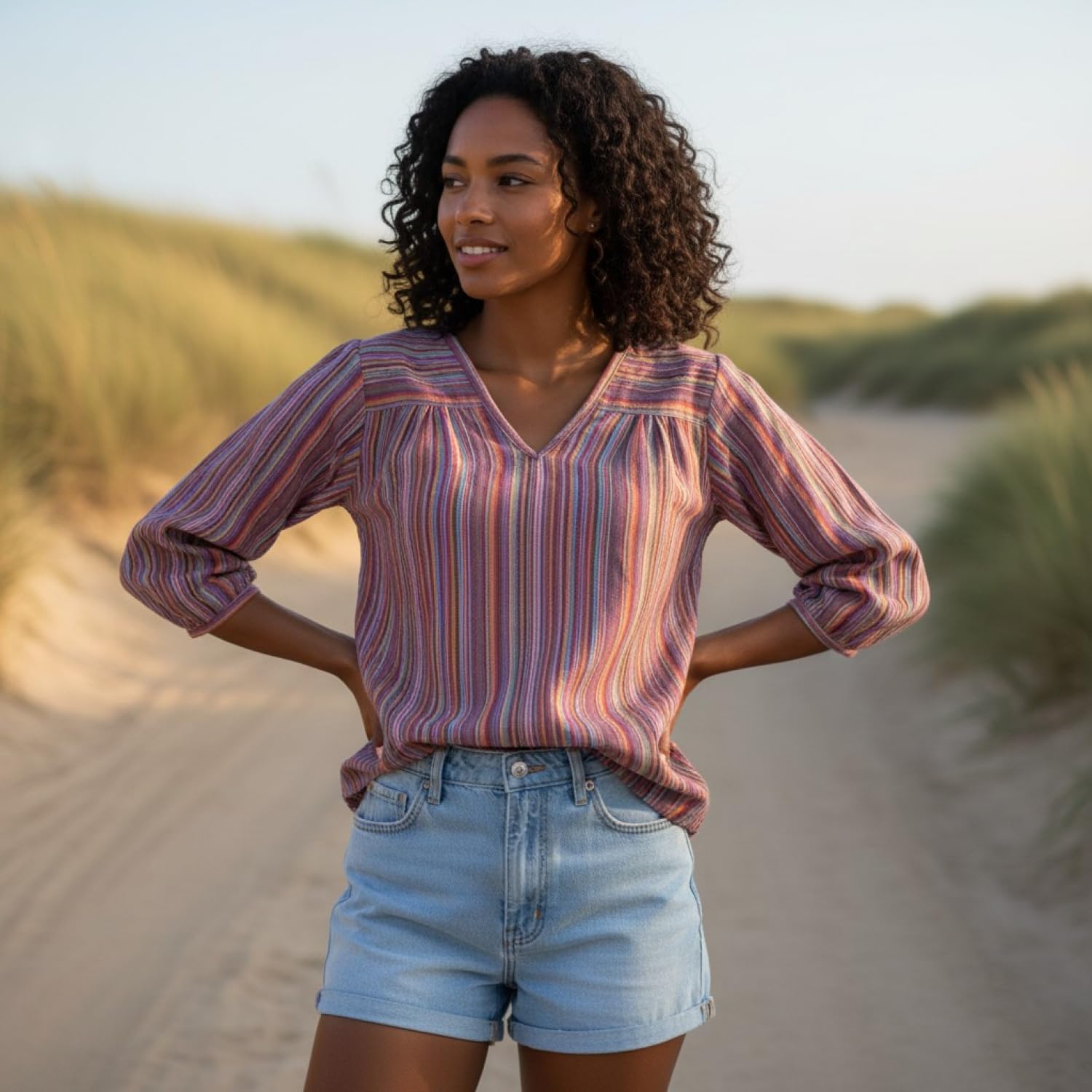 GURU SHOP Blusa ligera de algodón con cuello en V a rayas para mujer